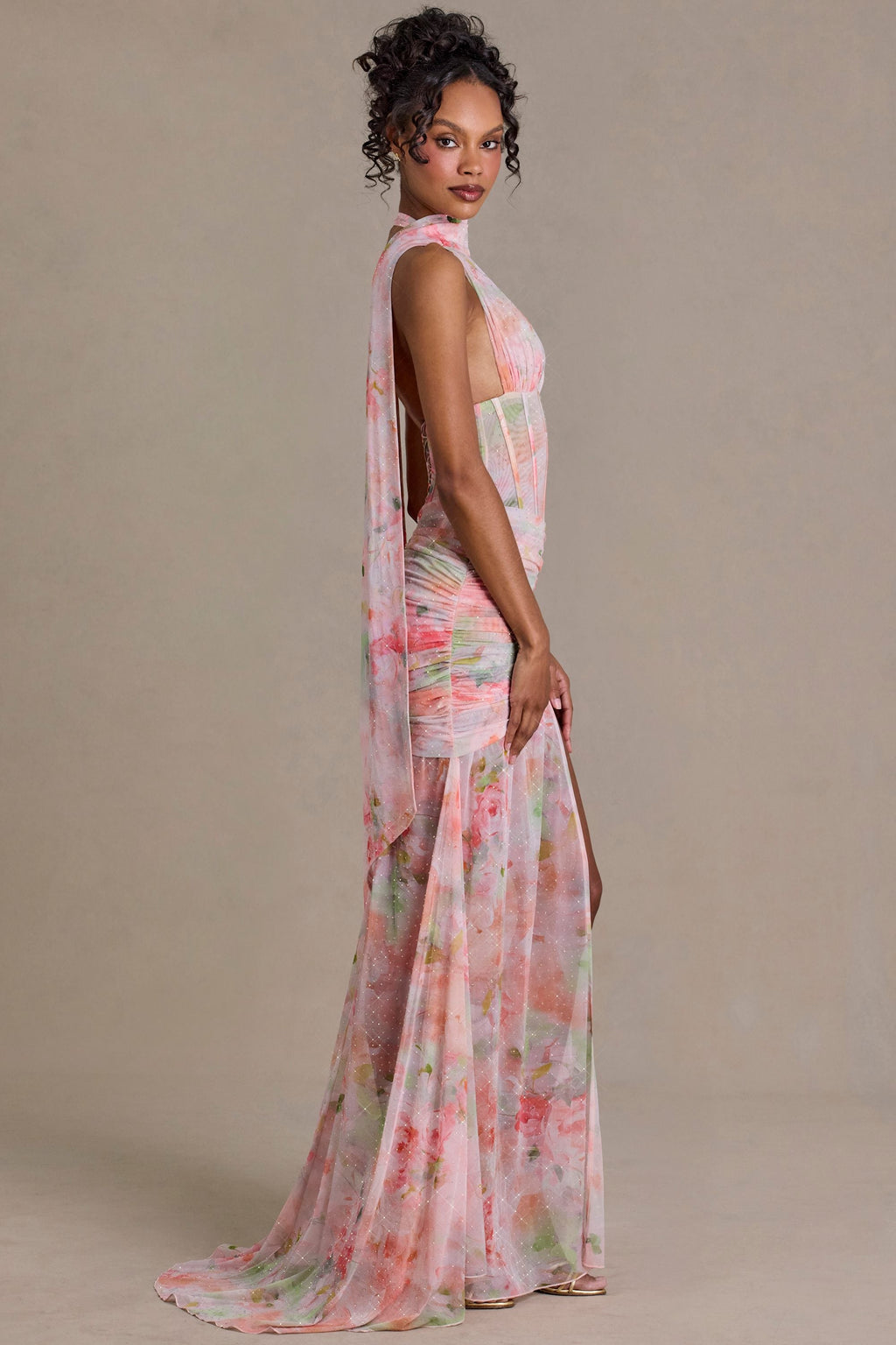 Premium Embellished Scarf-Detail Maxi Dress in Pink Floral Print