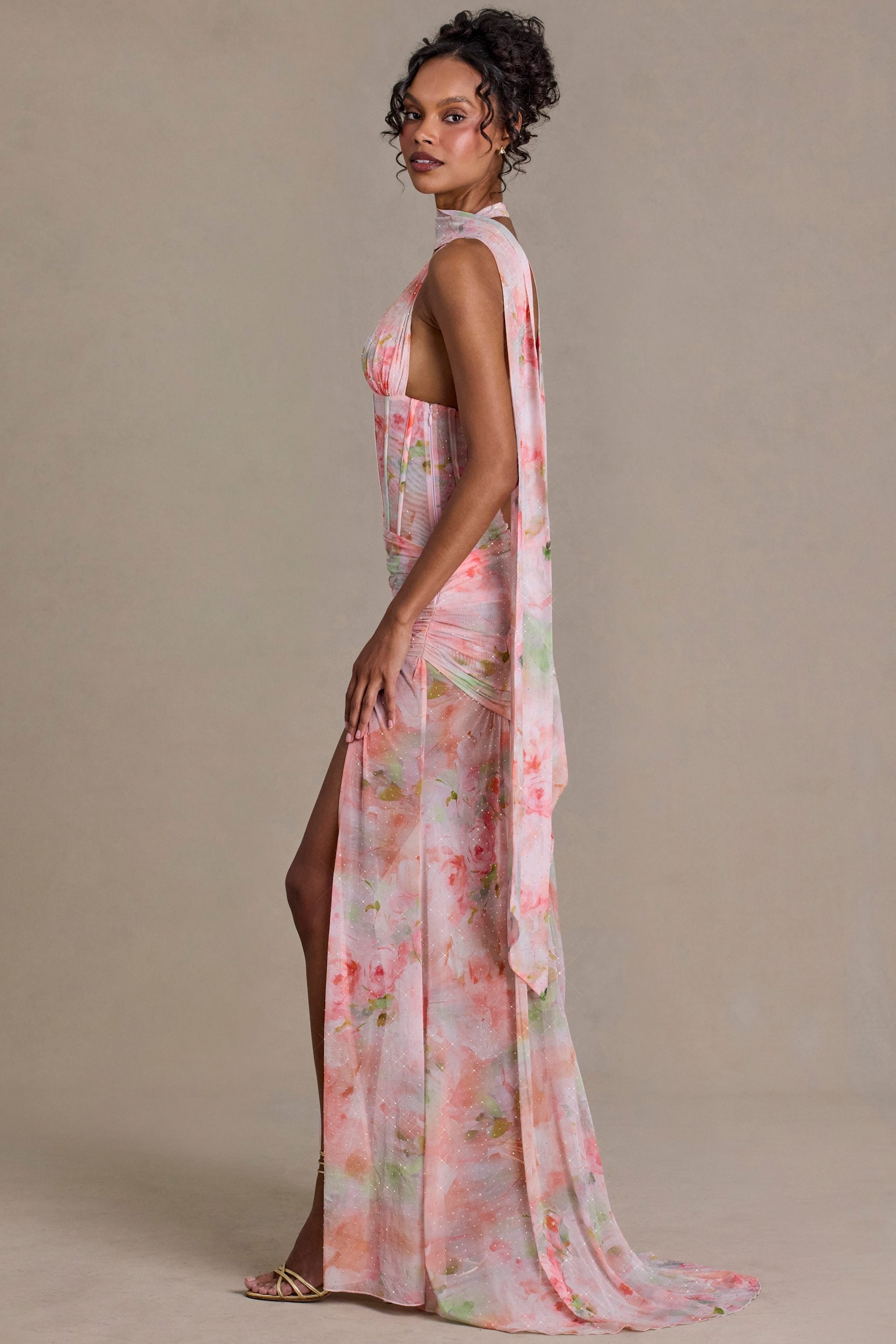 Premium Embellished Scarf-Detail Maxi Dress in Pink Floral Print