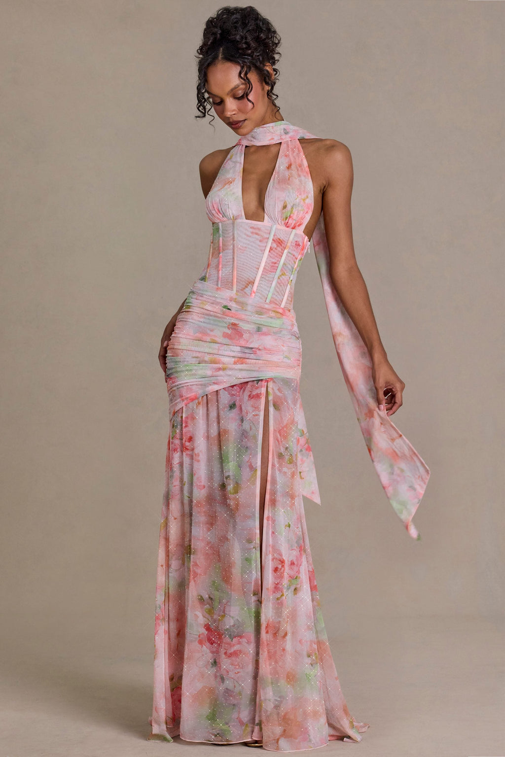 Premium Embellished Scarf-Detail Maxi Dress in Pink Floral Print