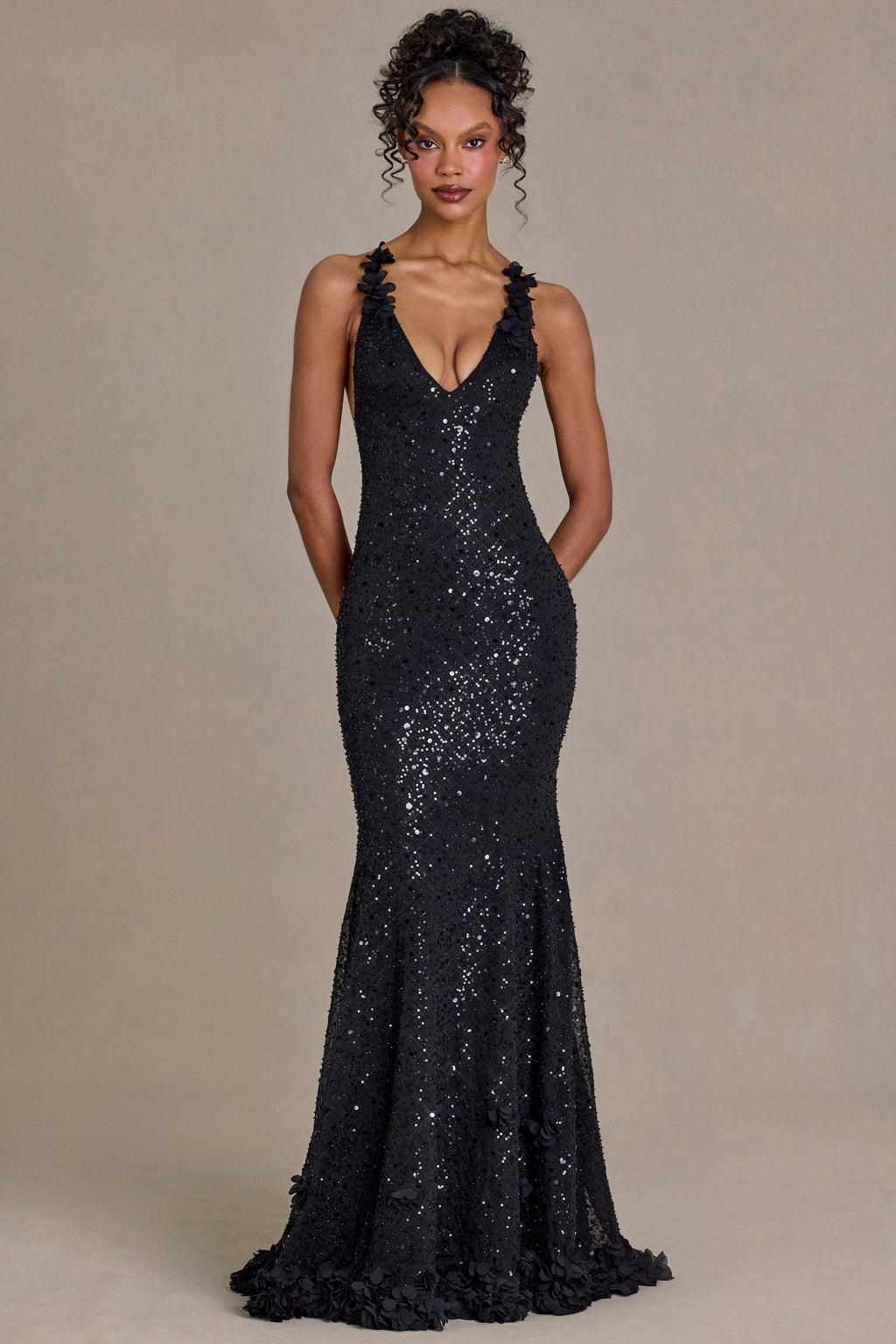 Premium Embellished Plunge Open-Back Gown in Black