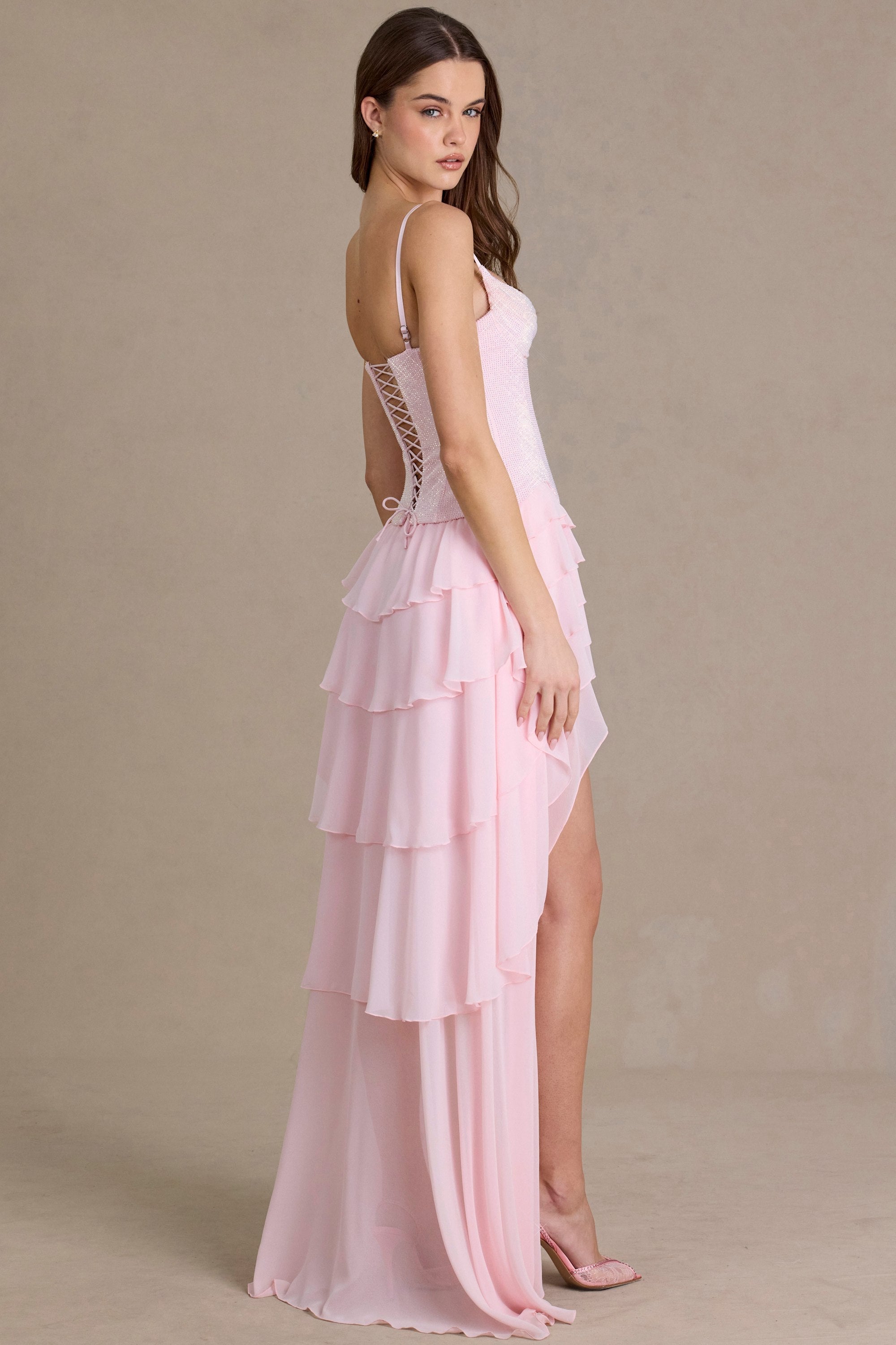 Premium Embellished Cowl-Neck Corset Gown in Baby Pink
