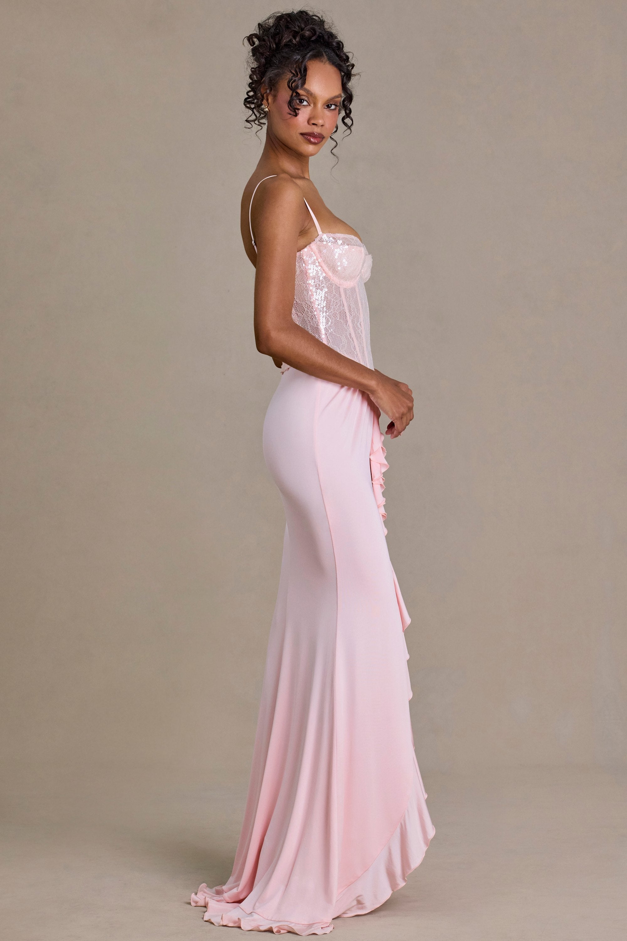Premium Embellished Lace Corset Gown in Baby Pink