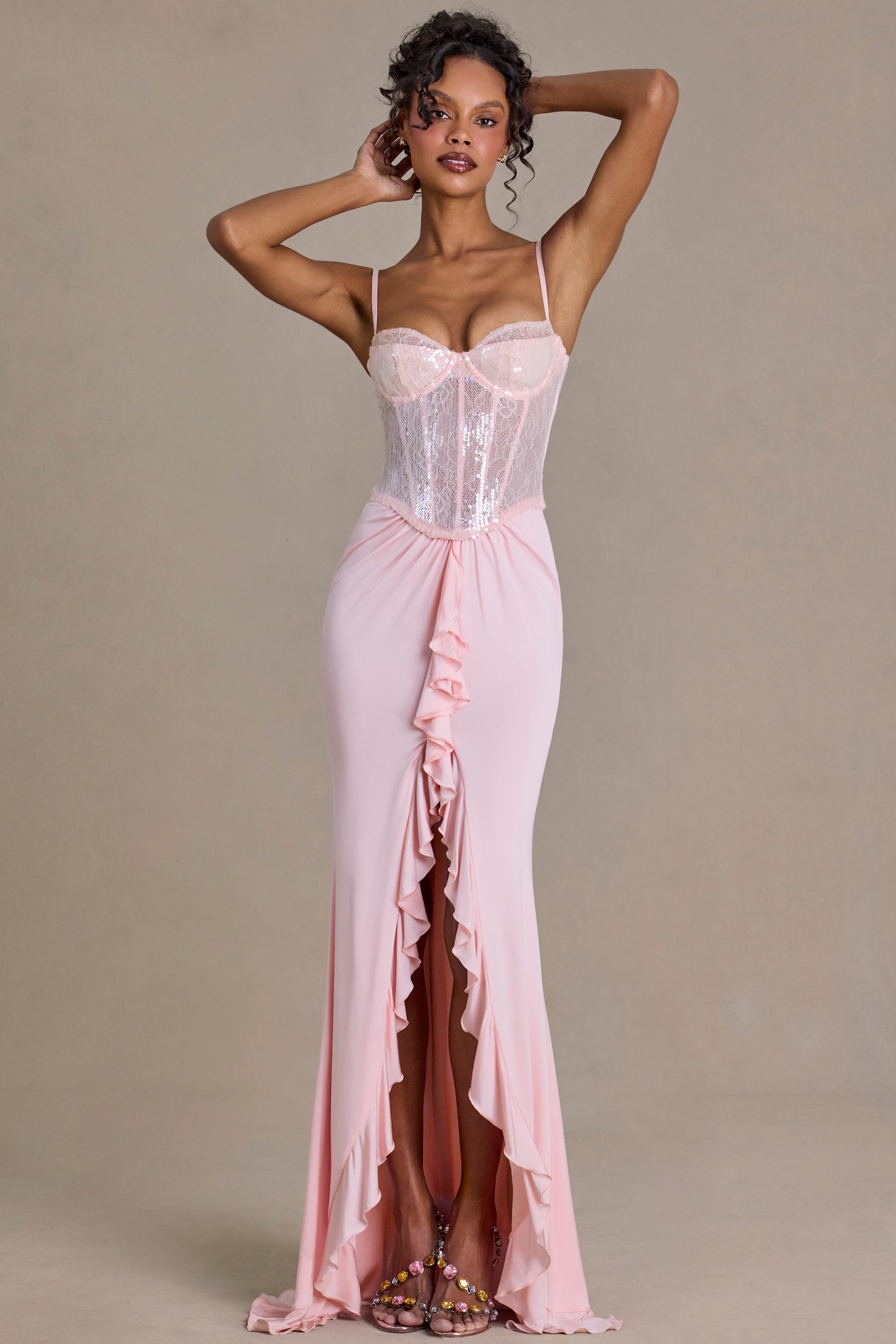 Premium Embellished Lace Corset Gown in Baby Pink