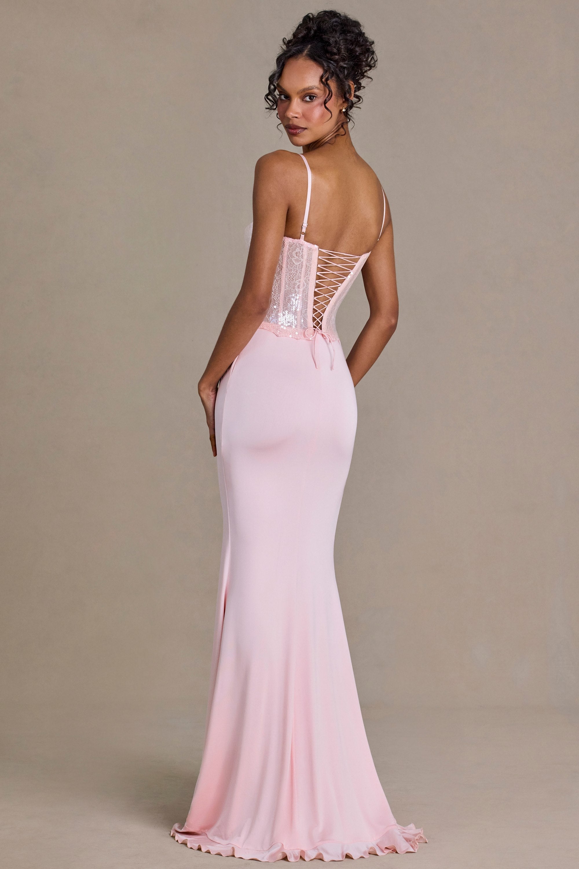 Premium Embellished Lace Corset Gown in Baby Pink