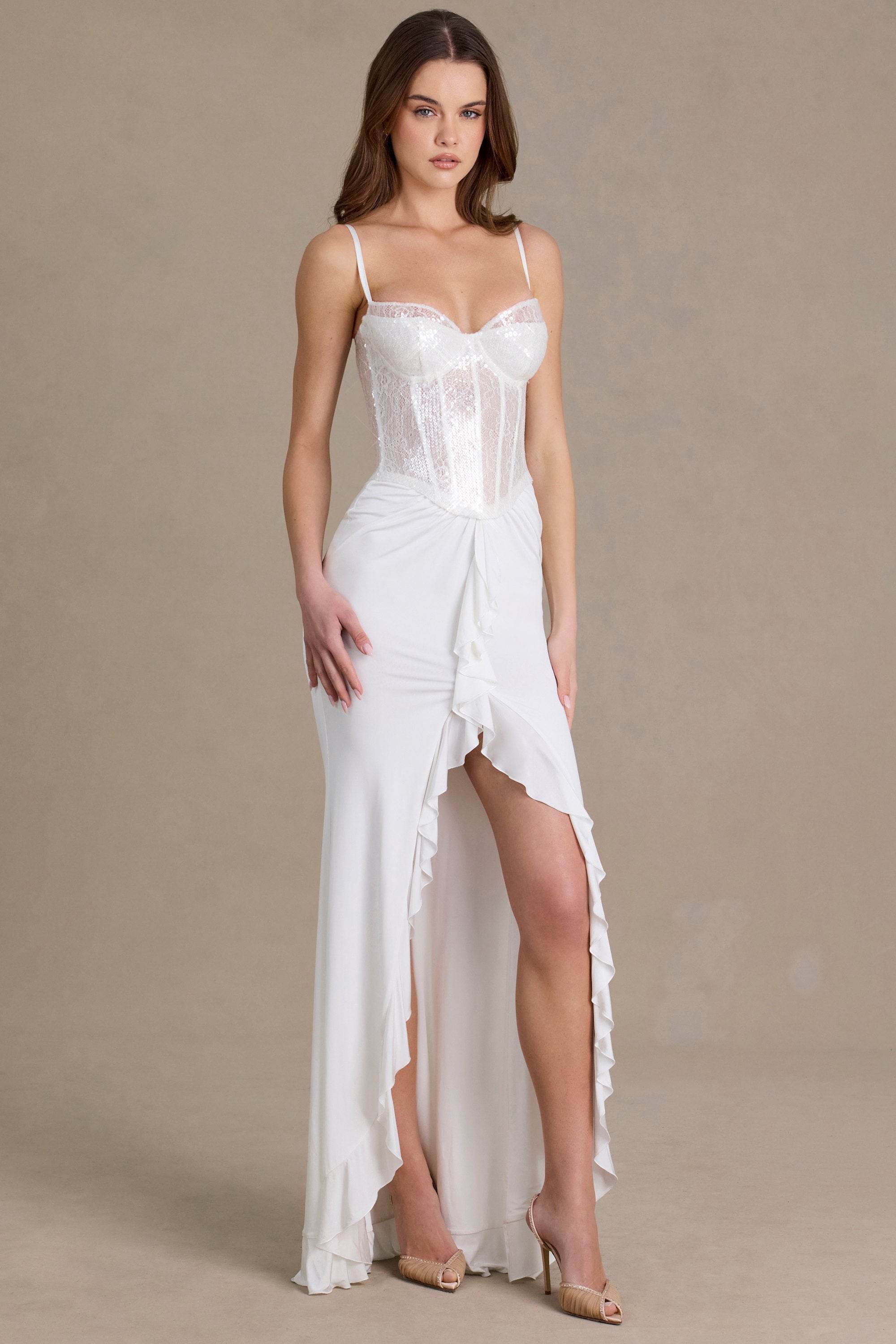 Premium Embellished Lace Corset Gown in White