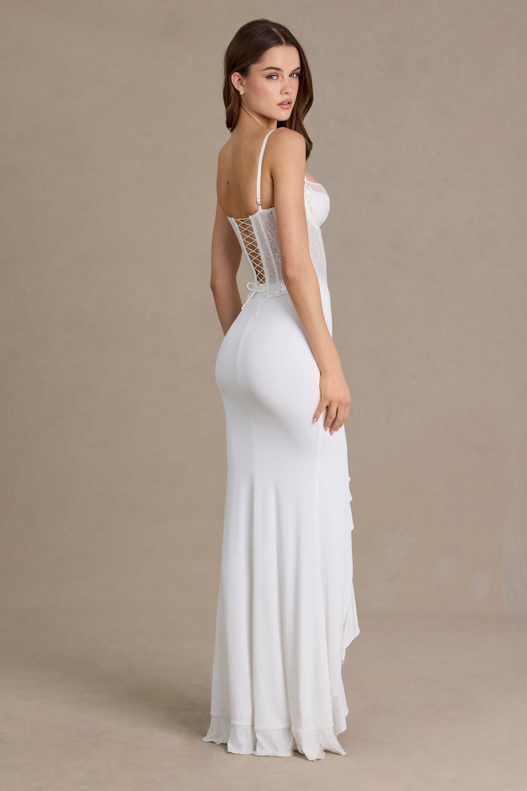 Premium Embellished Lace Corset Gown in White