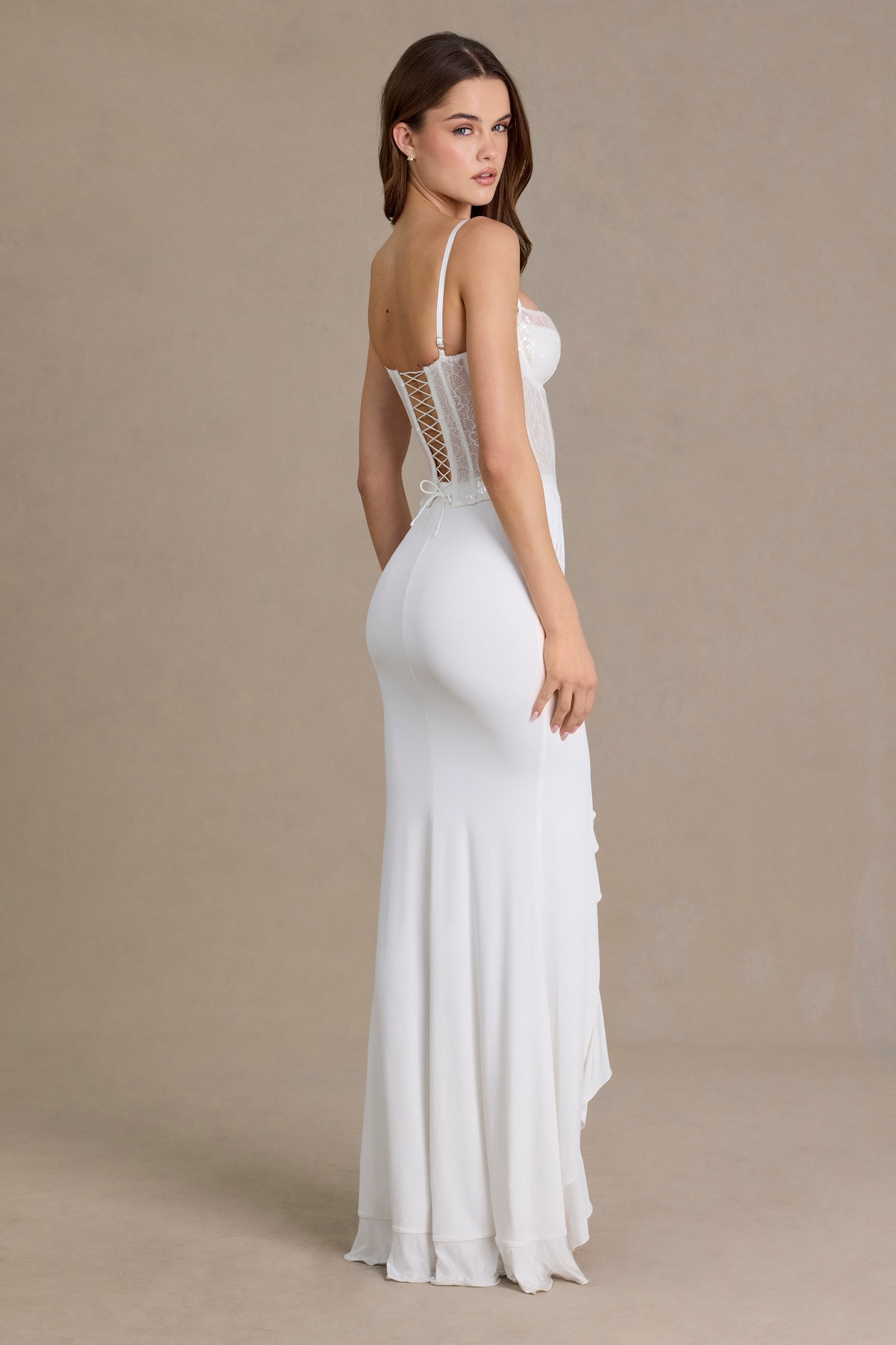 Premium Embellished Lace Corset Gown in White