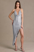 Premium Embellished Plunge Asymmetric Maxi Dress in Silver