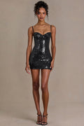 Premium Sequin Lace Corset Mini Dress in Black