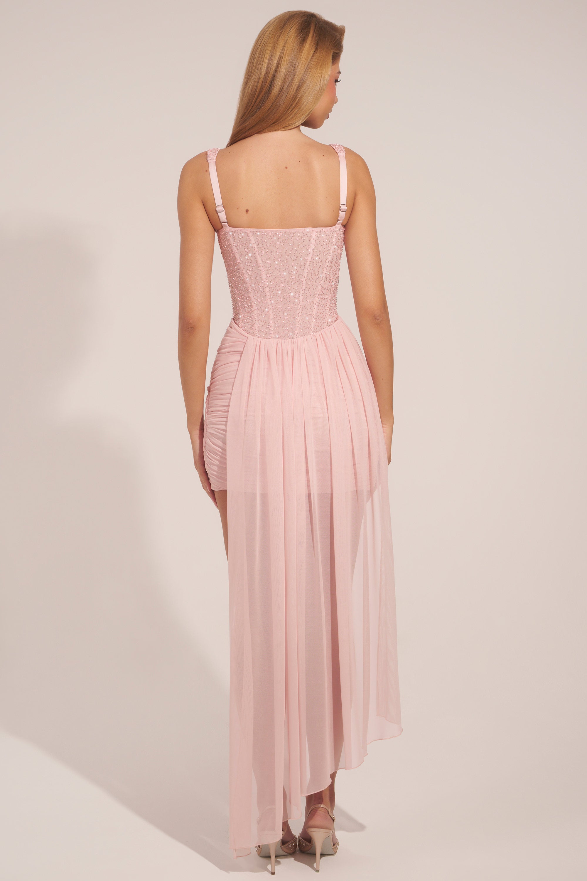 Corseted Draped Mini Dress in Blush Pink