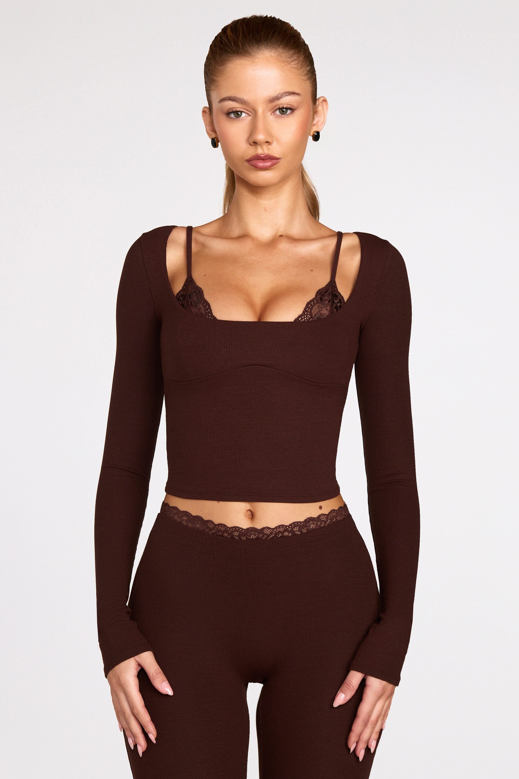Ribbed Modal Long-Sleeve Laced Bra Top in Chocolate Brown