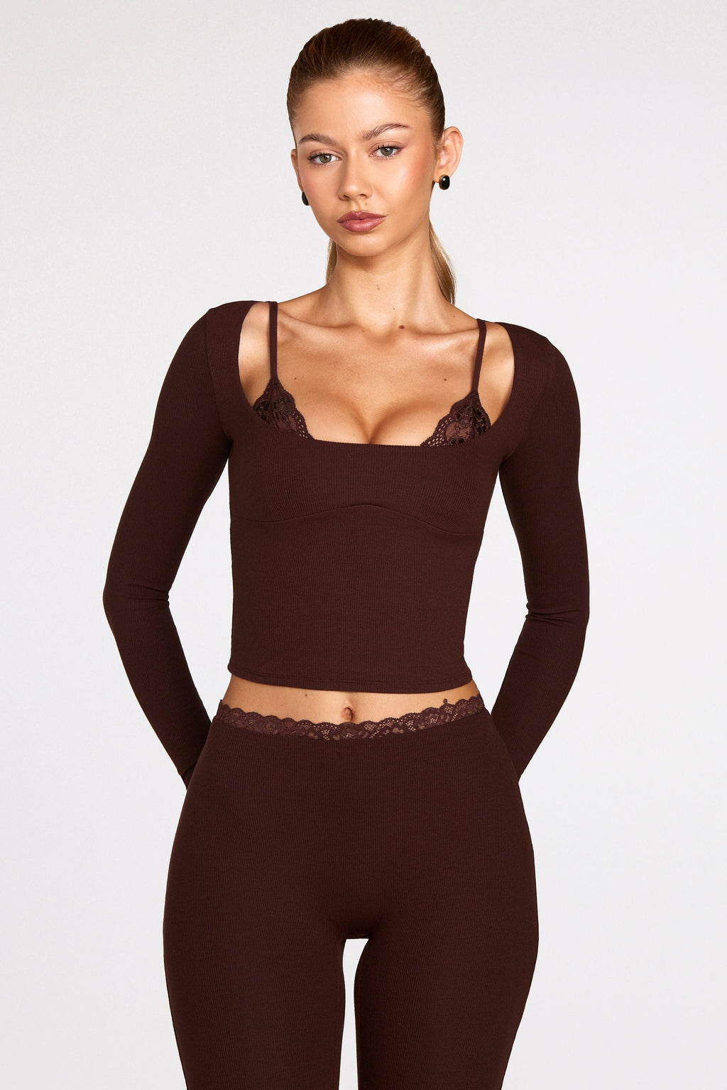 Ribbed Modal Long-Sleeve Laced Bra Top in Chocolate Brown