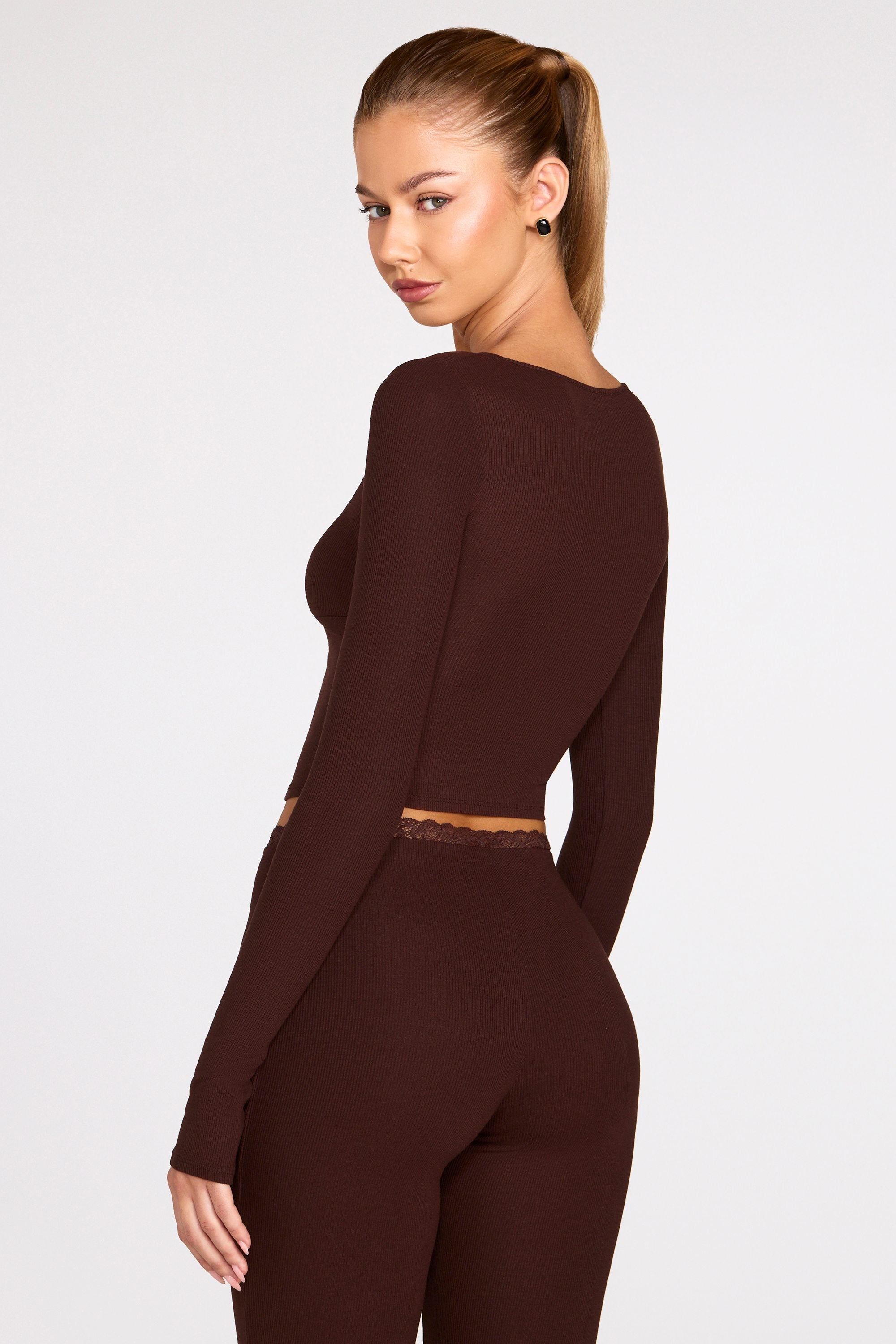 Ribbed Modal Long-Sleeve Laced Bra Top in Chocolate Brown