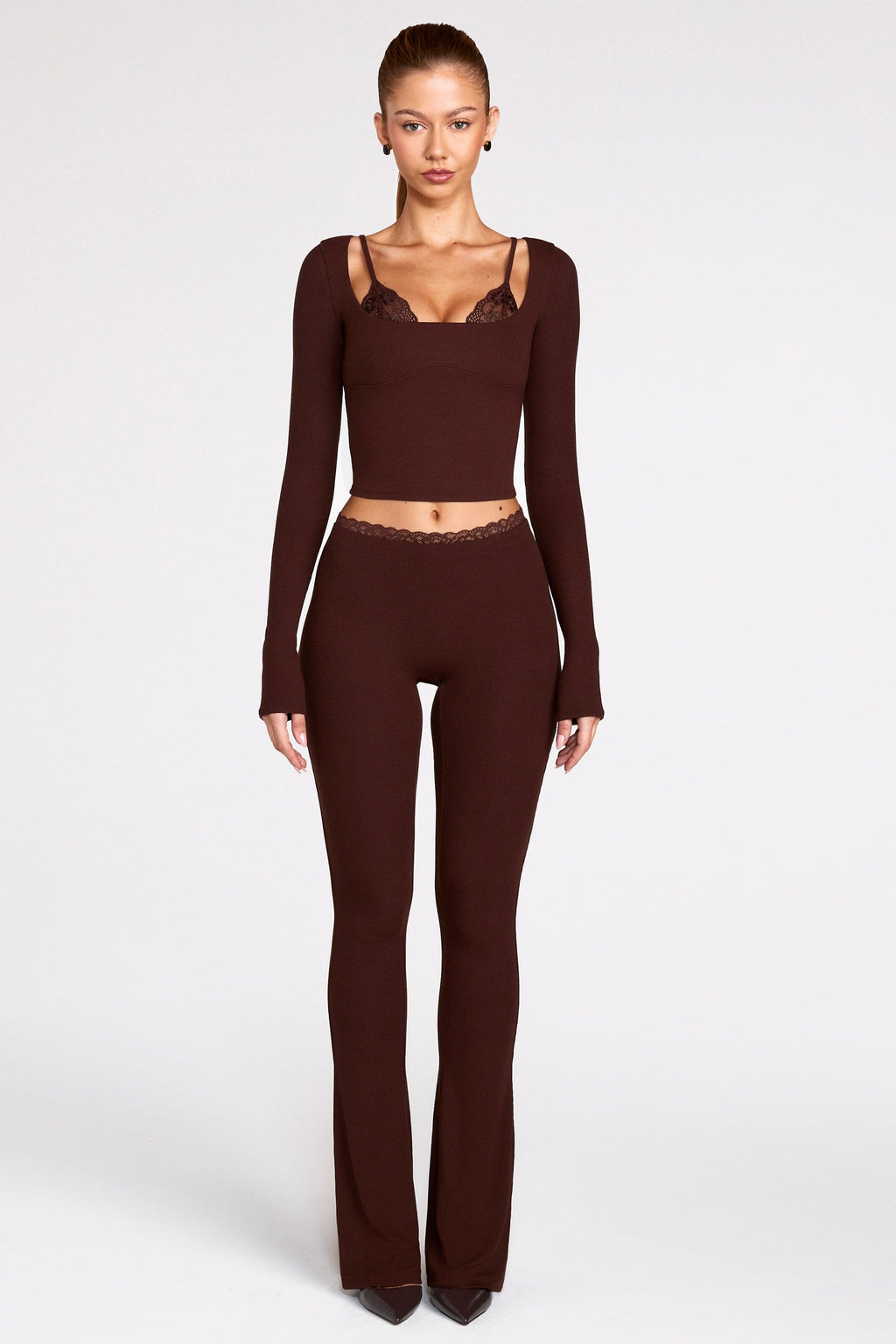 Ribbed Modal Long-Sleeve Laced Bra Top in Chocolate Brown