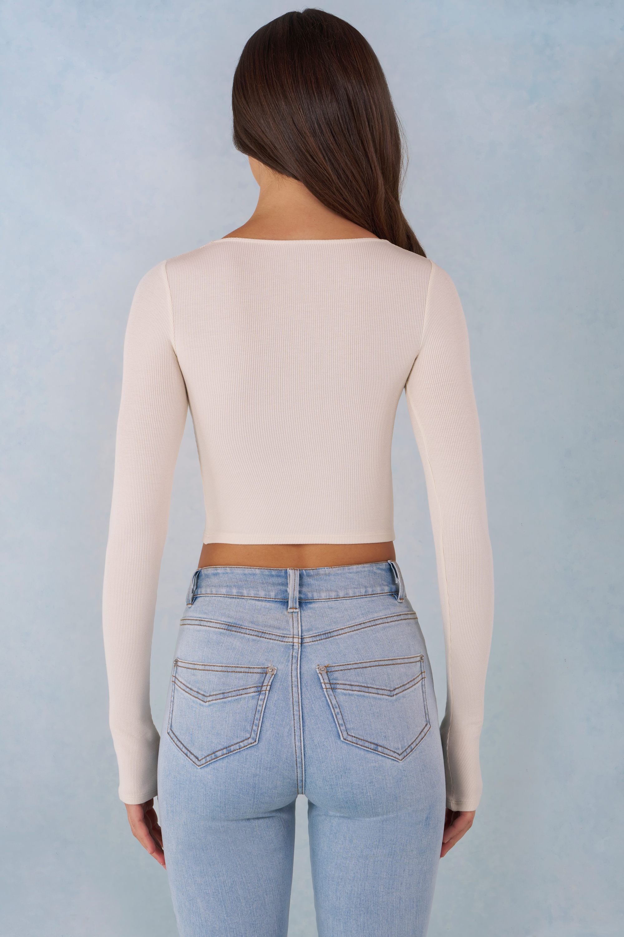 Ribbed Modal Long-Sleeve Laced Bra Top in Ivory