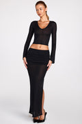 Sheer Jersey Low-Rise Draped Maxi Skirt in Black