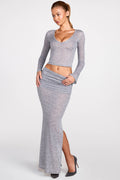 Sheer Jersey Low-Rise Draped Maxi Skirt in Grey