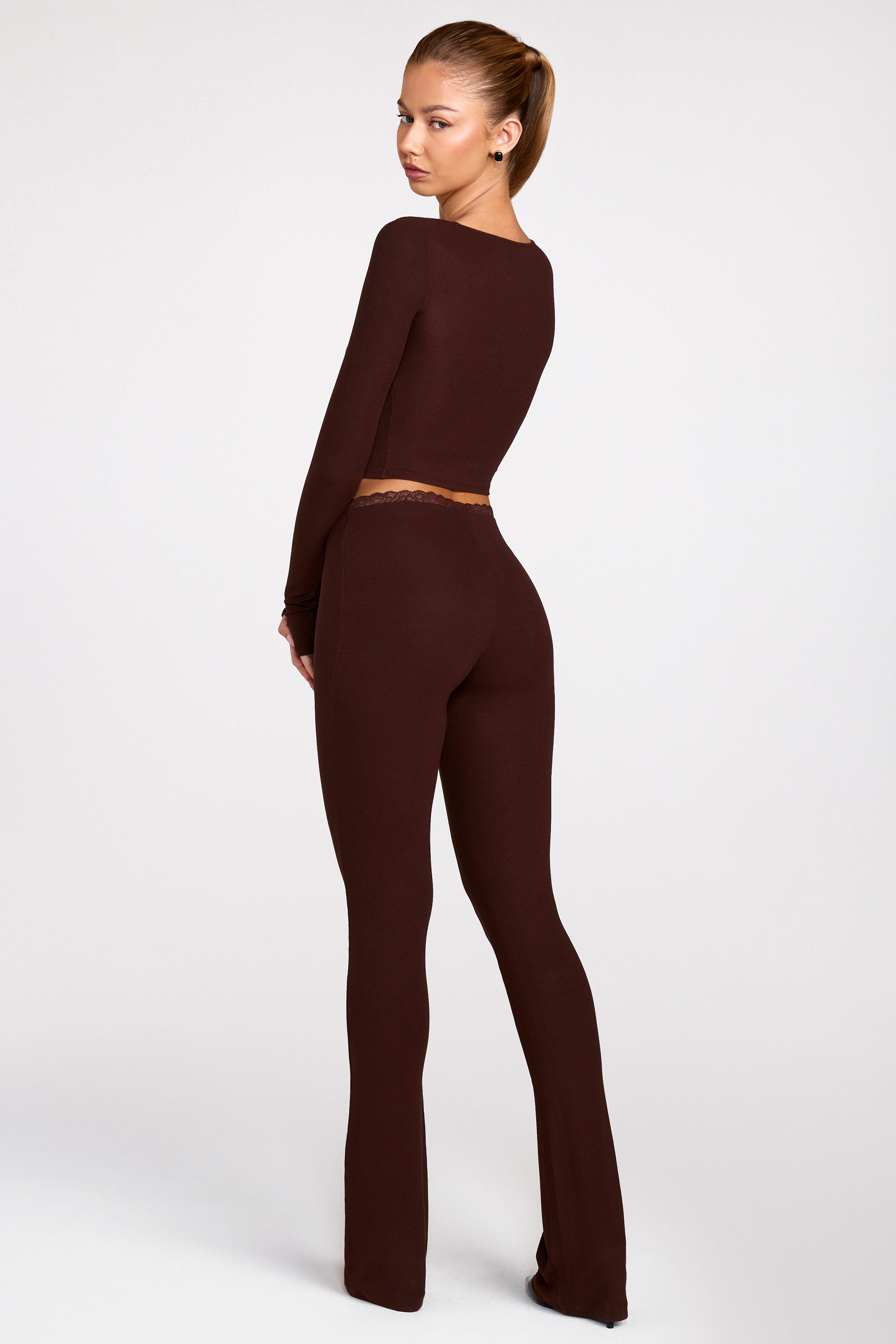 Modal Mid-Rise Flared Trousers in Chocolate Brown