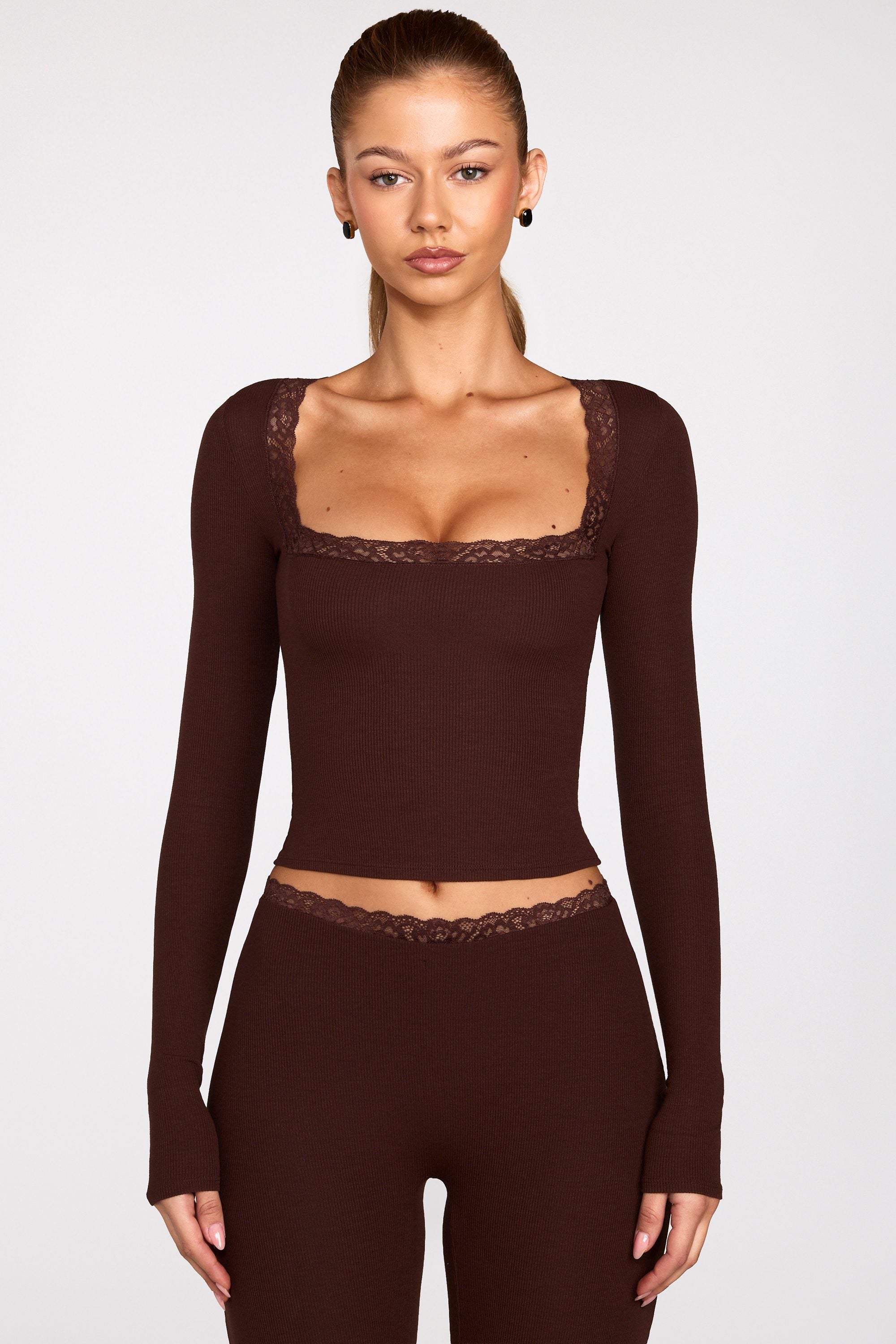Ribbed Modal Square-Neck Long-Sleeve Top in Chocolate Brown
