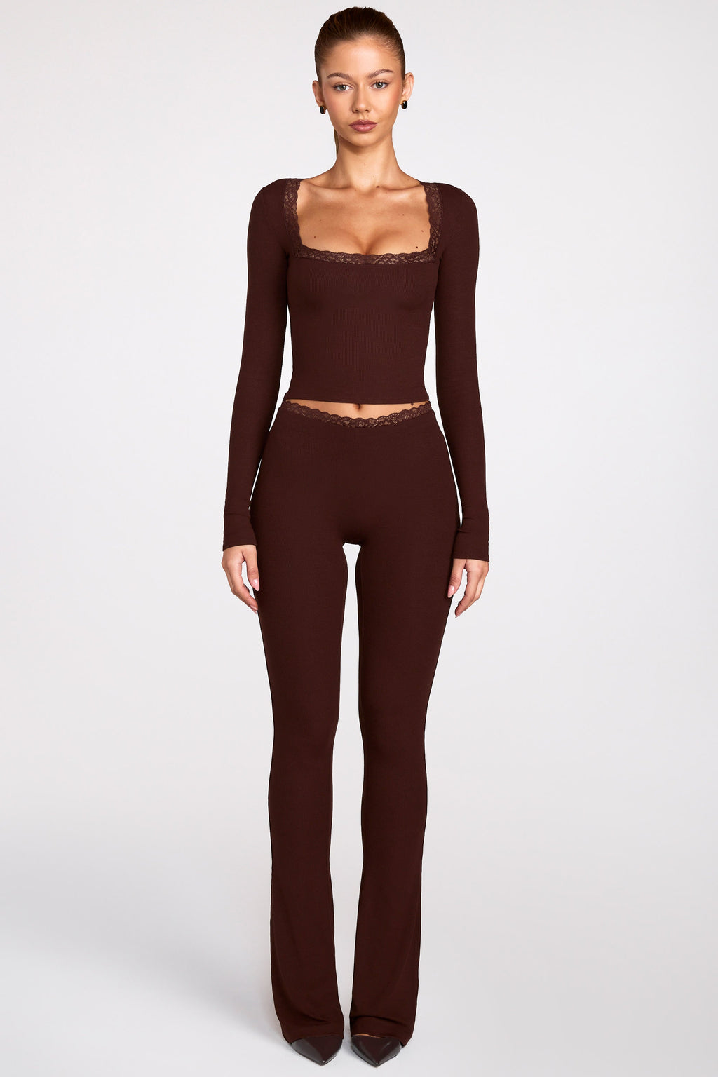 Ribbed Modal Square-Neck Long-Sleeve Top in Chocolate Brown
