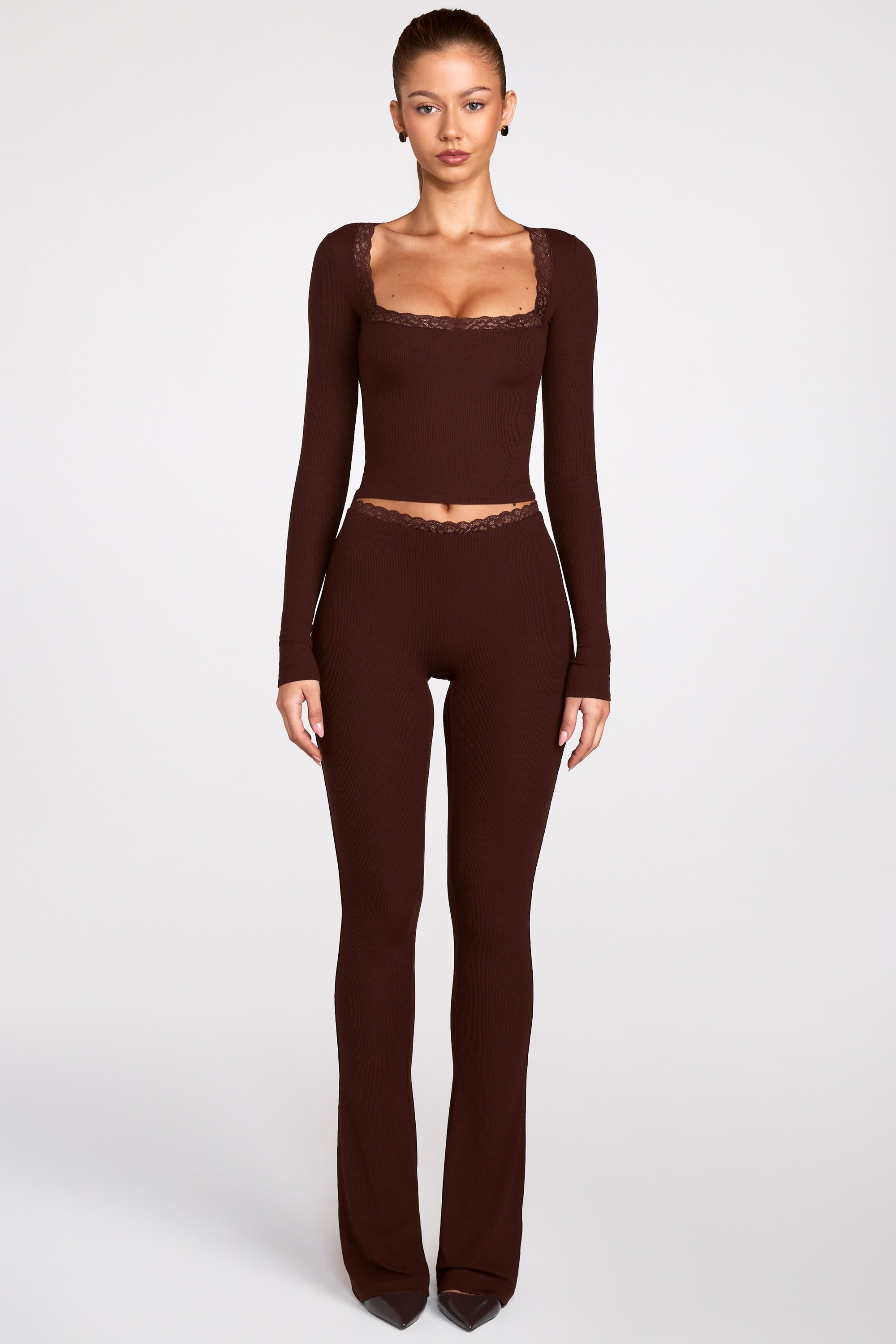 Ribbed Modal Square-Neck Long-Sleeve Top in Chocolate Brown