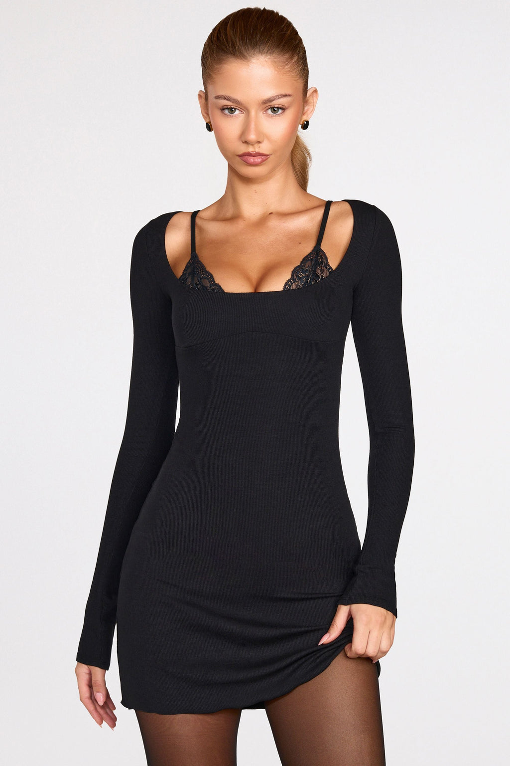 Ribbed Modal Long-Sleeve Laced Bra Mini Dress in Black