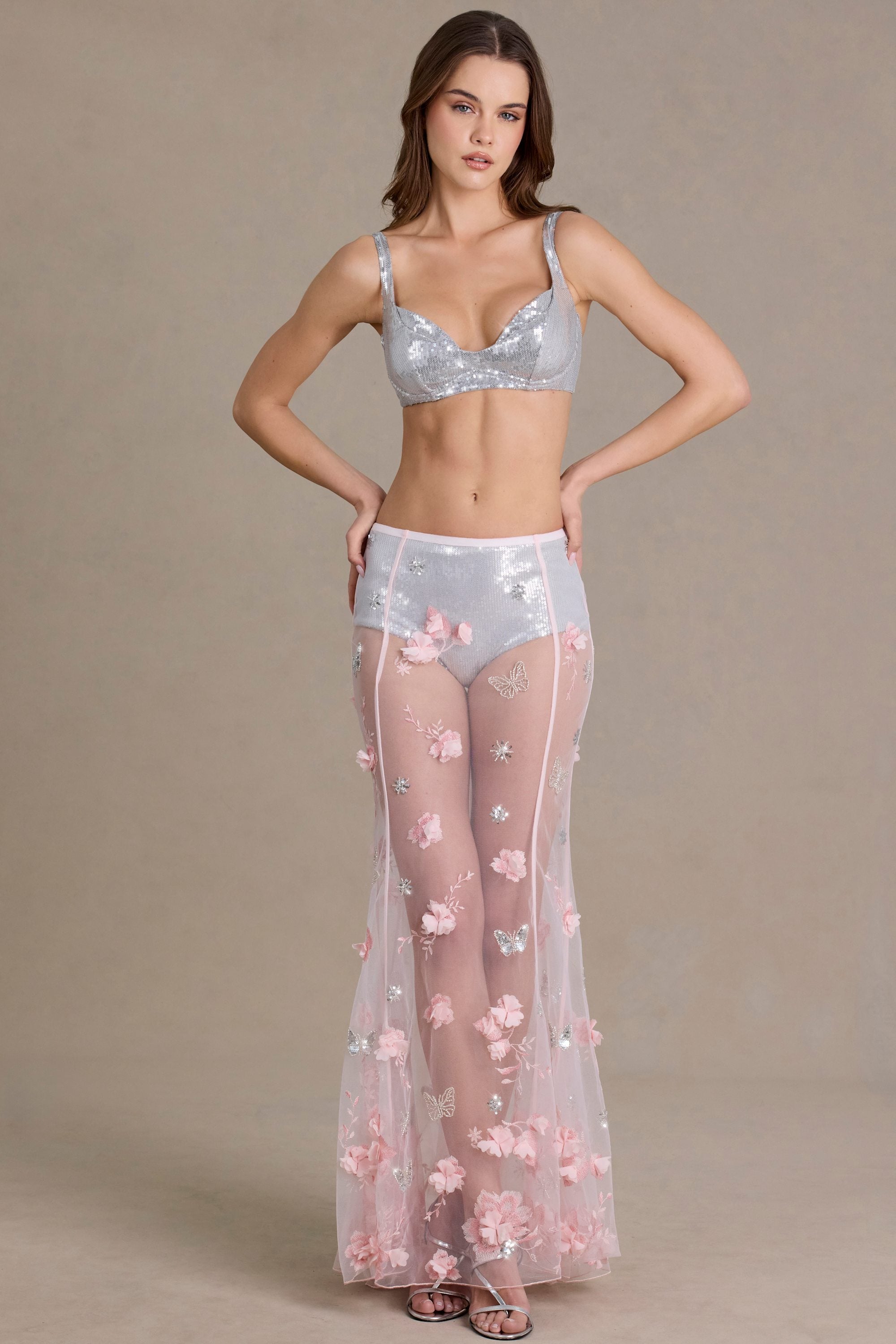 Premium Sequin Mesh Bralette in Silver