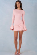 Ribbed Modal Long-Sleeve Draped Mini Dress in Blush Pink