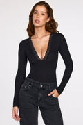 Ribbed Modal Long-Sleeve Plunge Bodysuit in Black