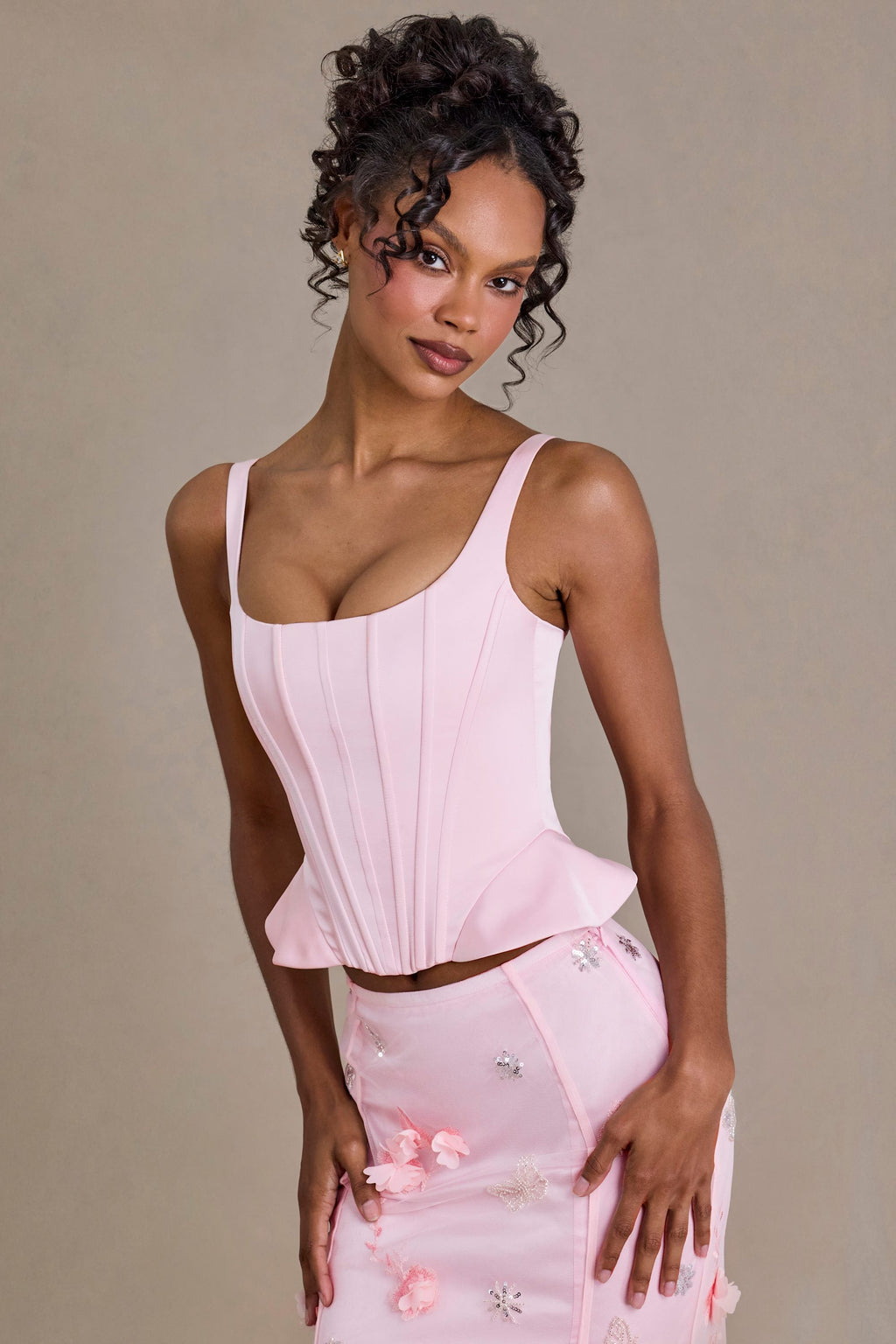 Premium Satin Lace-Up Corset Top in Baby Pink