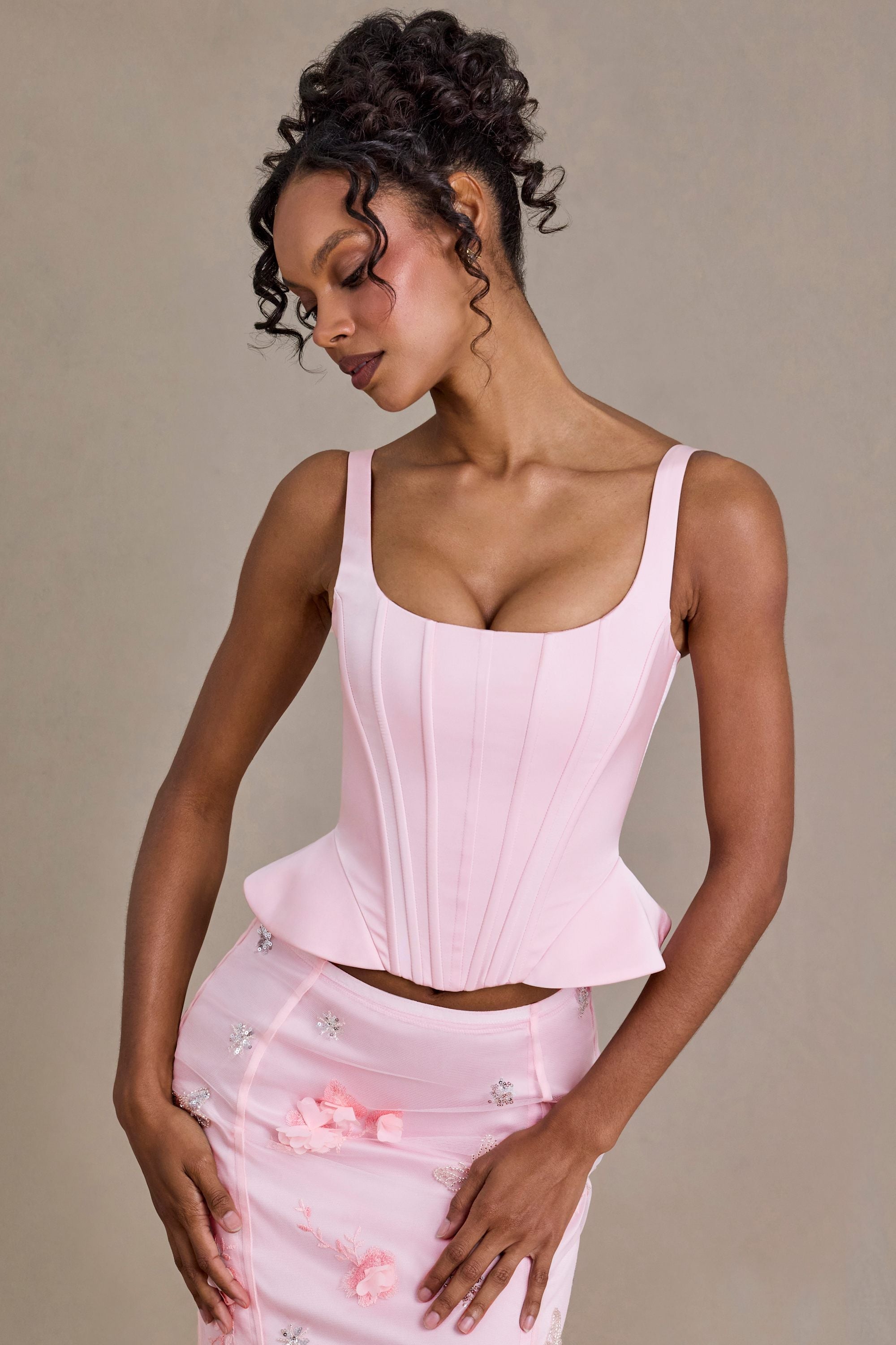 Premium Satin Lace-Up Corset Top in Baby Pink