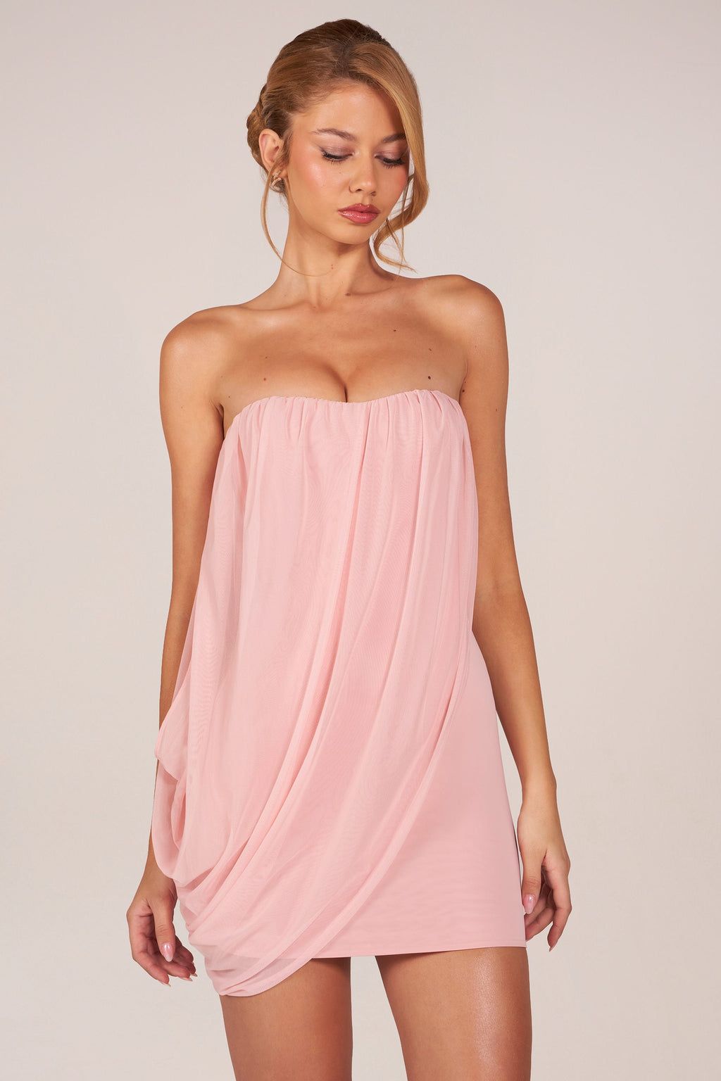 Bandeau Draped Mini Dress in Blush Pink