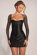 Long-Sleeve Draped Mini Dress in Black