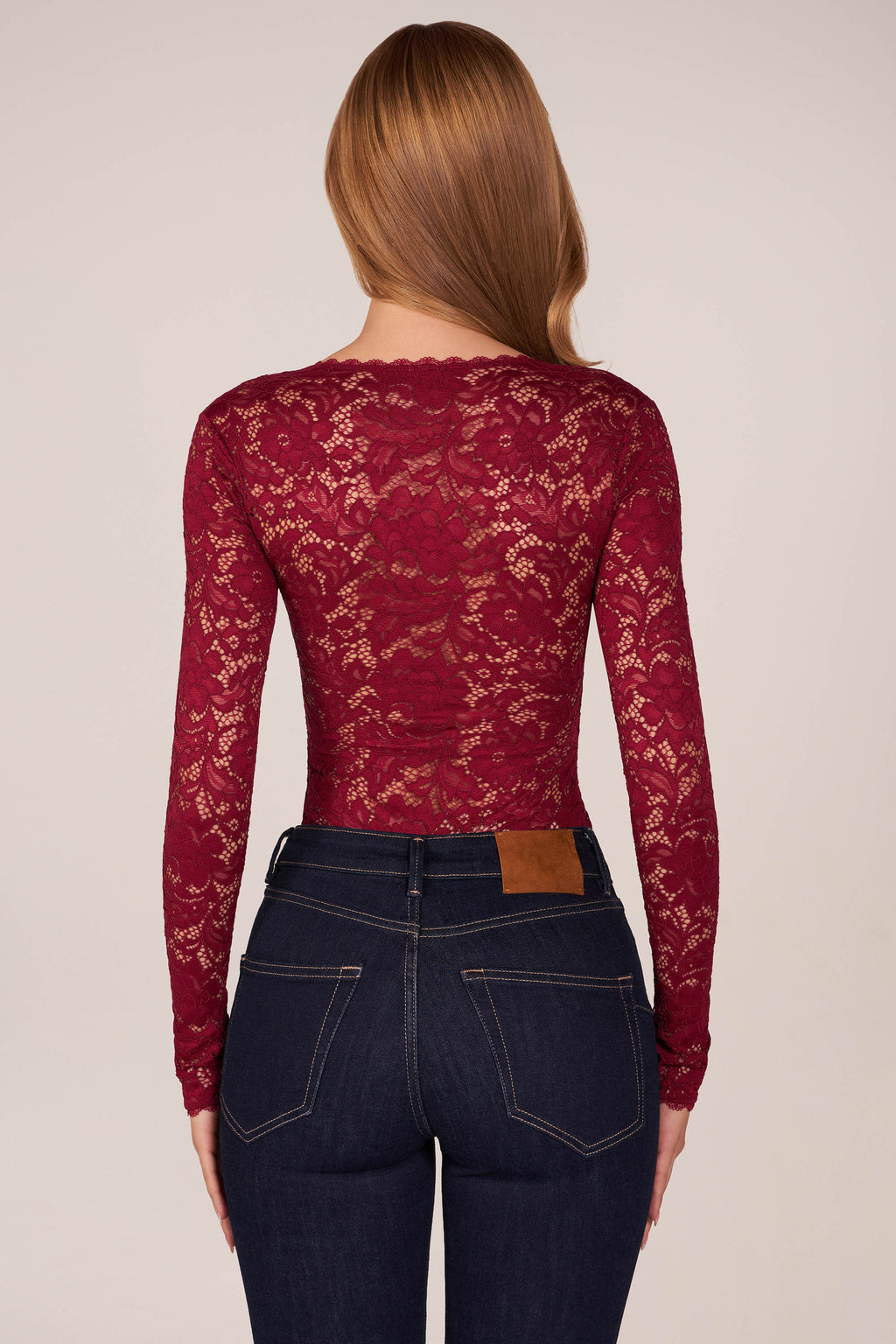 Long-Sleeve Laced Bodysuit in Cherry Red