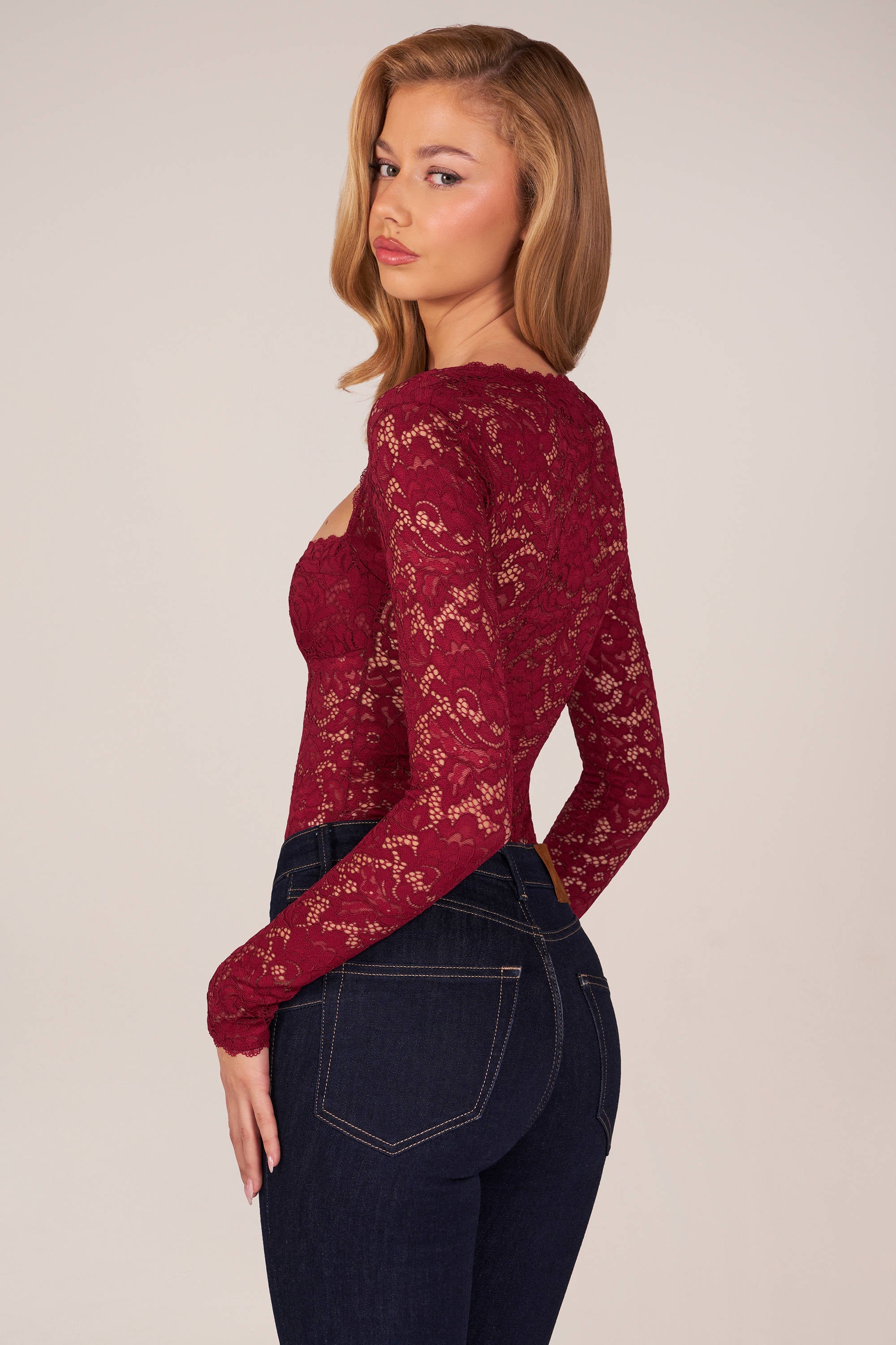 Long-Sleeve Laced Bodysuit in Cherry Red