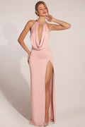 Cowl-Neck Thigh-High Gown in Blush Pink