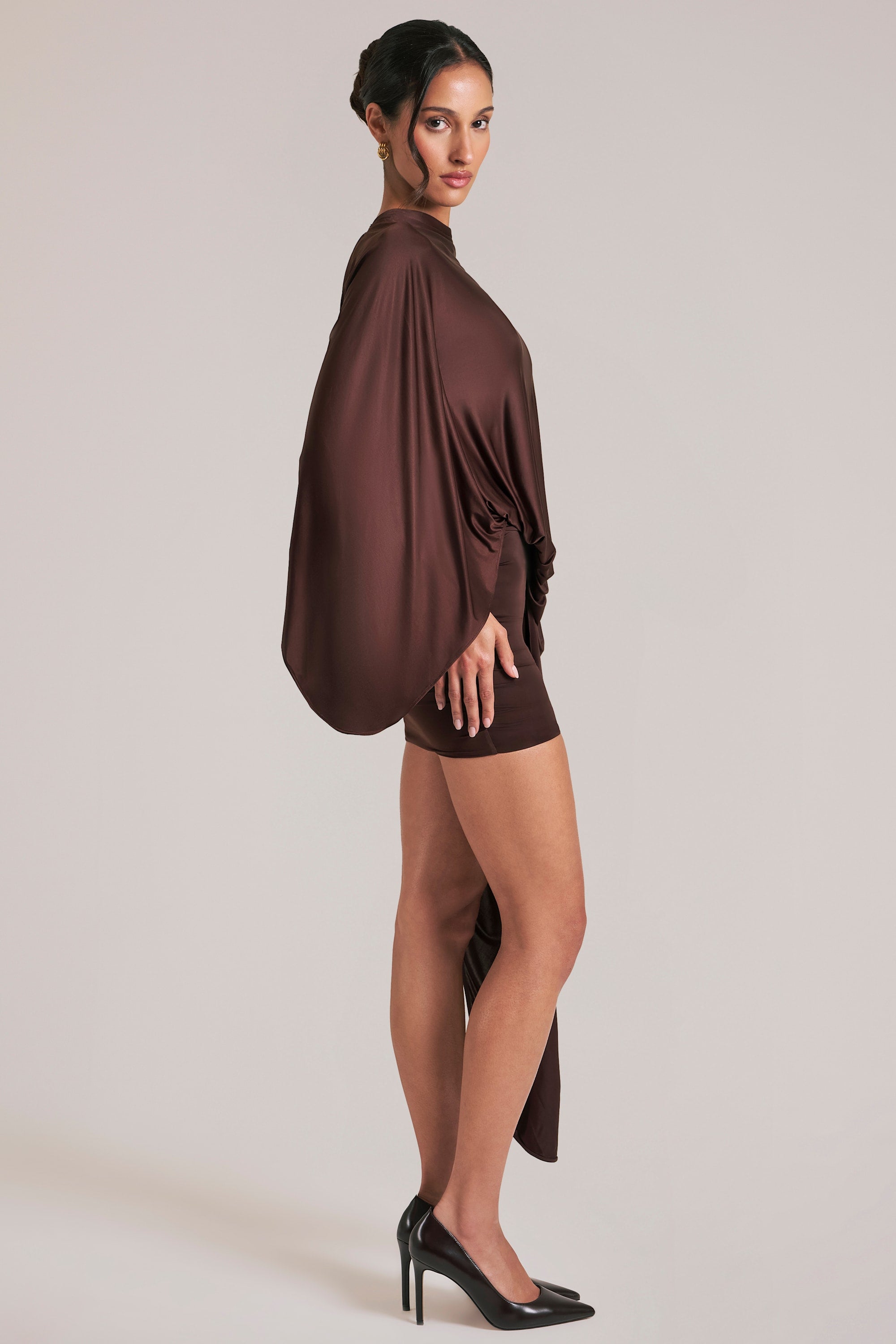 Draped Cape Mini Dress  in Chocolate Brown