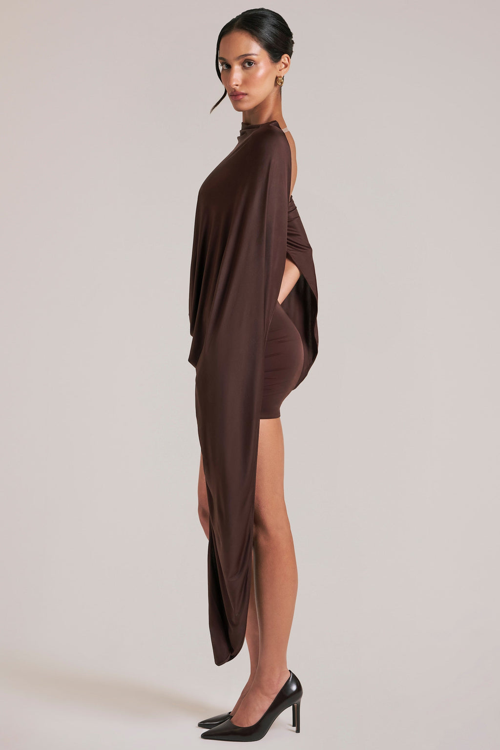 Draped Cape Mini Dress  in Chocolate Brown