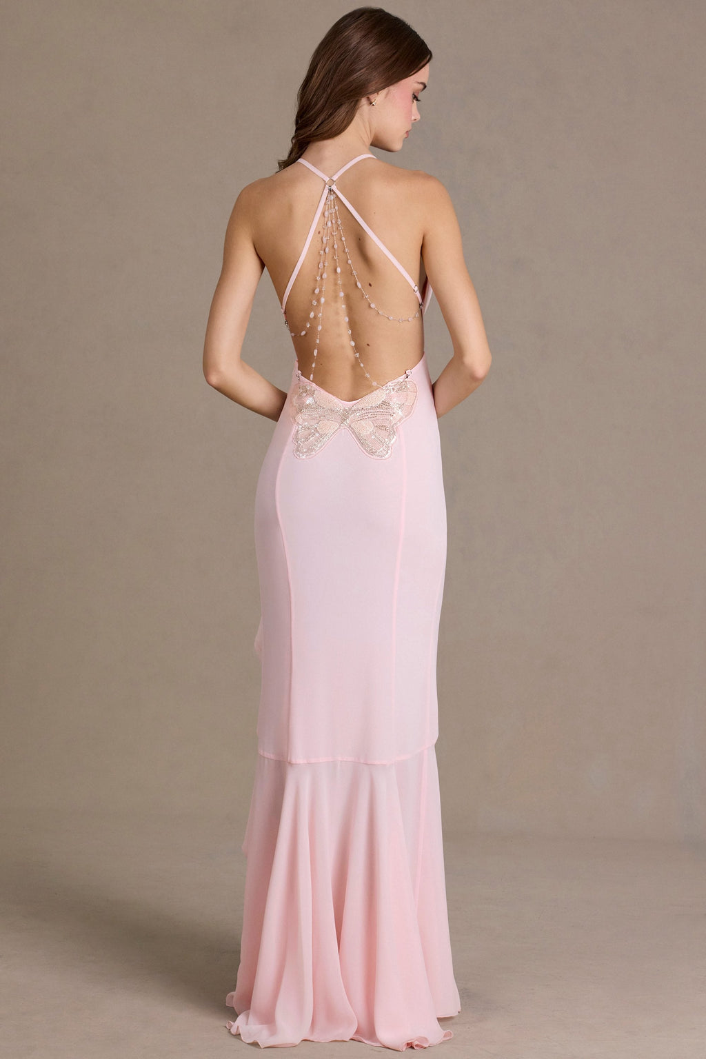 Premium Chiffon Cowl-Neck Open-Back Gown in Baby Pink