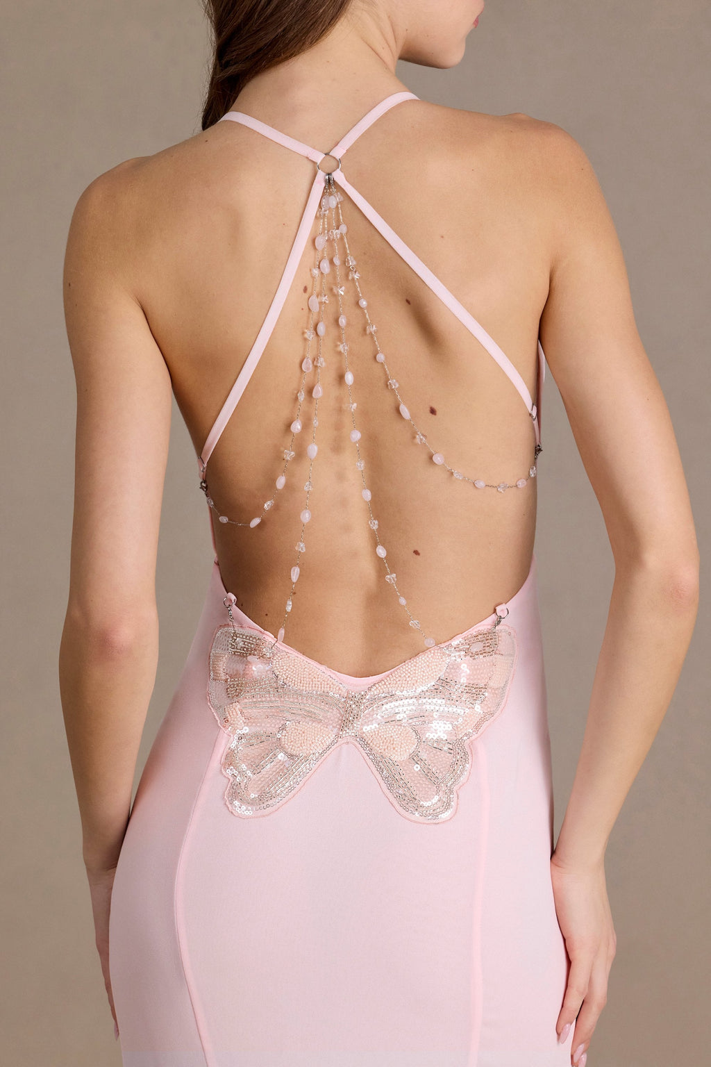 Premium Chiffon Cowl-Neck Open-Back Gown in Baby Pink