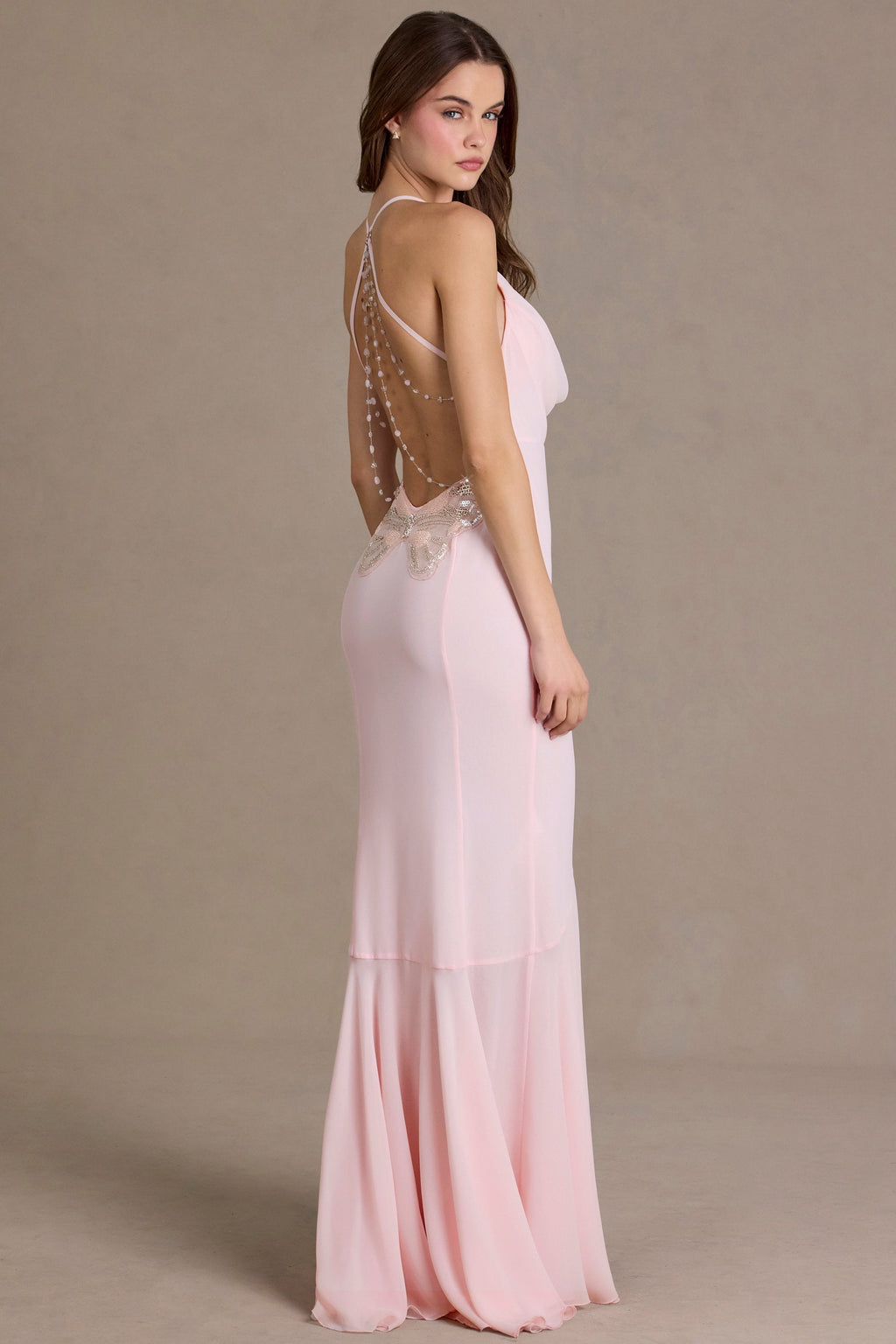 Premium Chiffon Cowl-Neck Open-Back Gown in Baby Pink