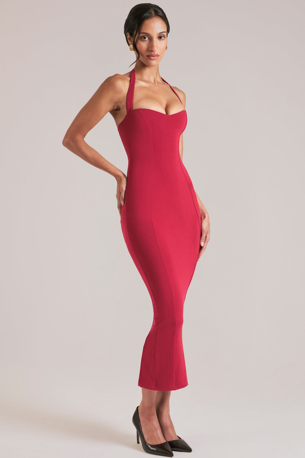 Halterneck Midaxi Dress in Cherry Red