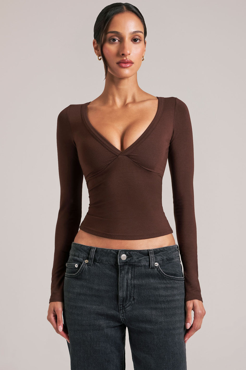 V-Neck Long-Sleeve Top  in Chocolate Brown