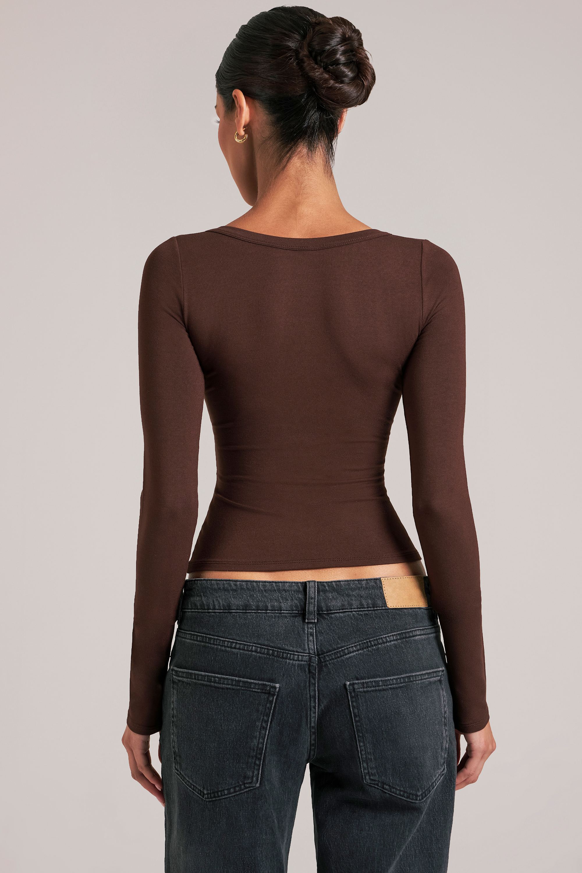 V-Neck Long-Sleeve Top  in Chocolate Brown