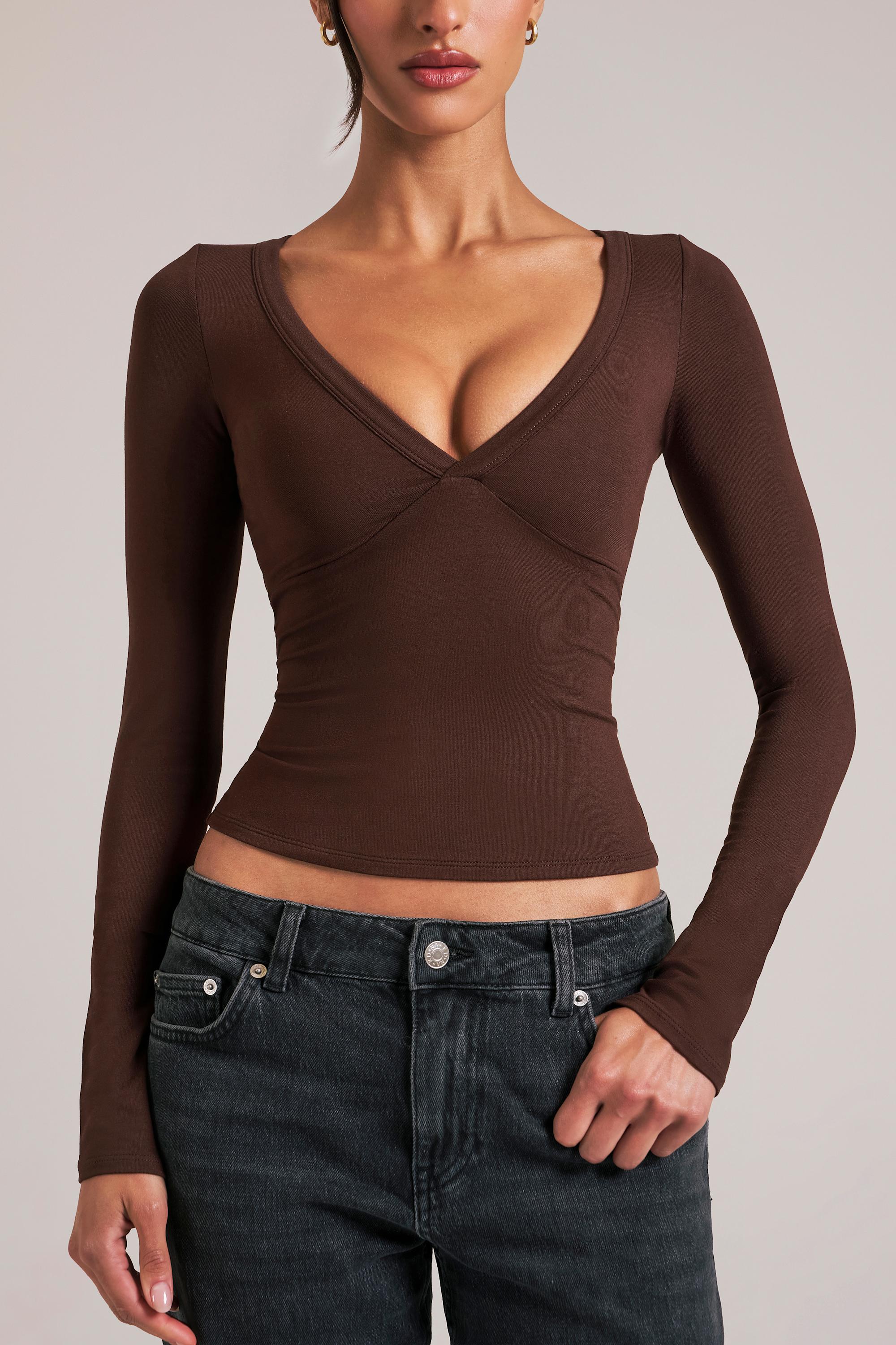 V-Neck Long-Sleeve Top  in Chocolate Brown