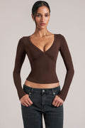 V-Neck Long-Sleeve Top  in Chocolate Brown