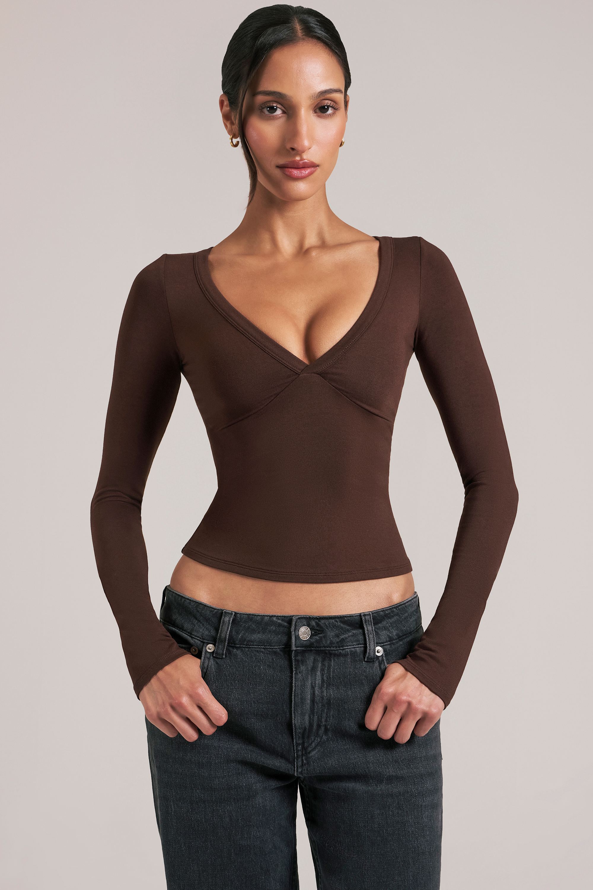 V-Neck Long-Sleeve Top  in Chocolate Brown