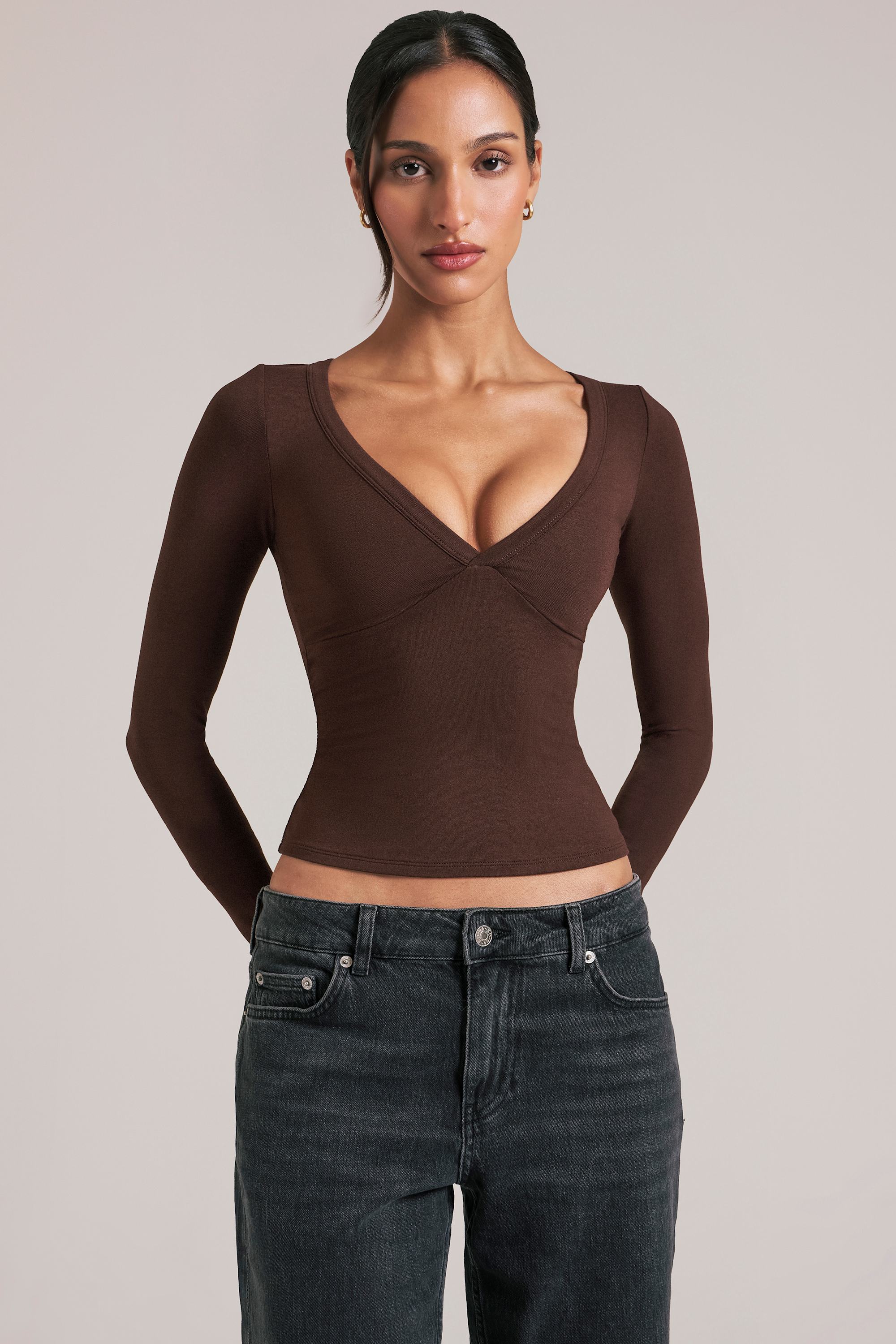 V-Neck Long-Sleeve Top  in Chocolate Brown