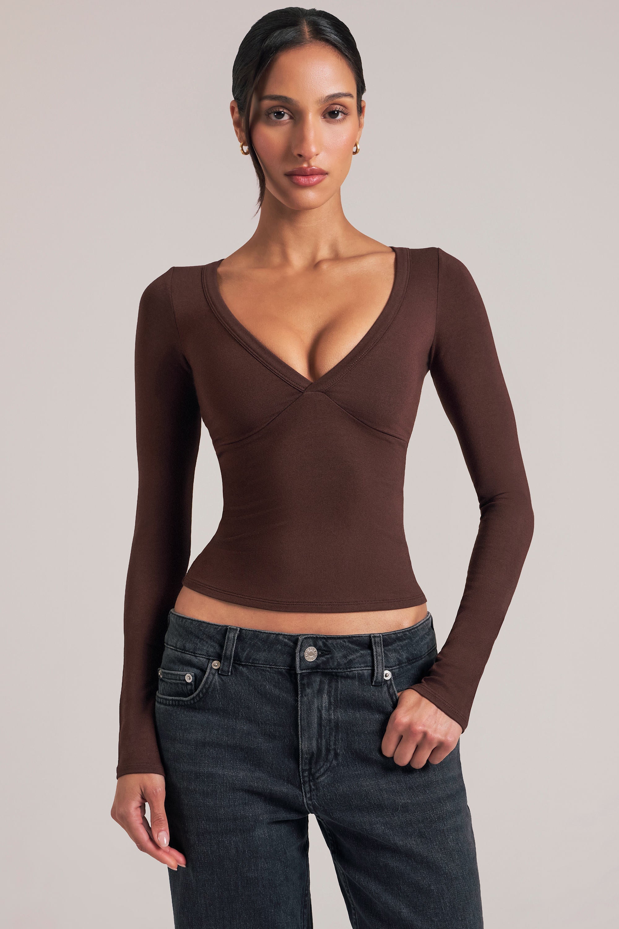 V-Neck Long-Sleeve Top  in Chocolate Brown