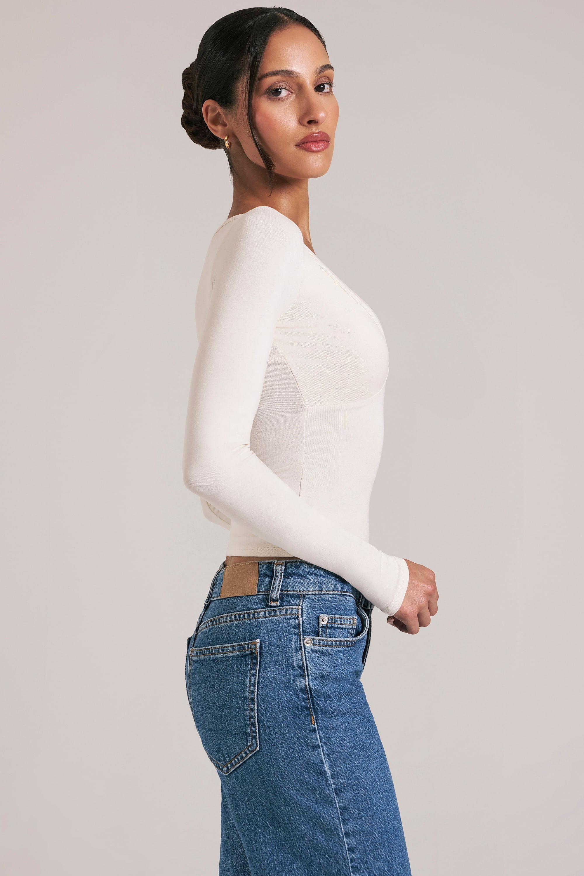 V-Neck Long-Sleeve Top  in Ivory